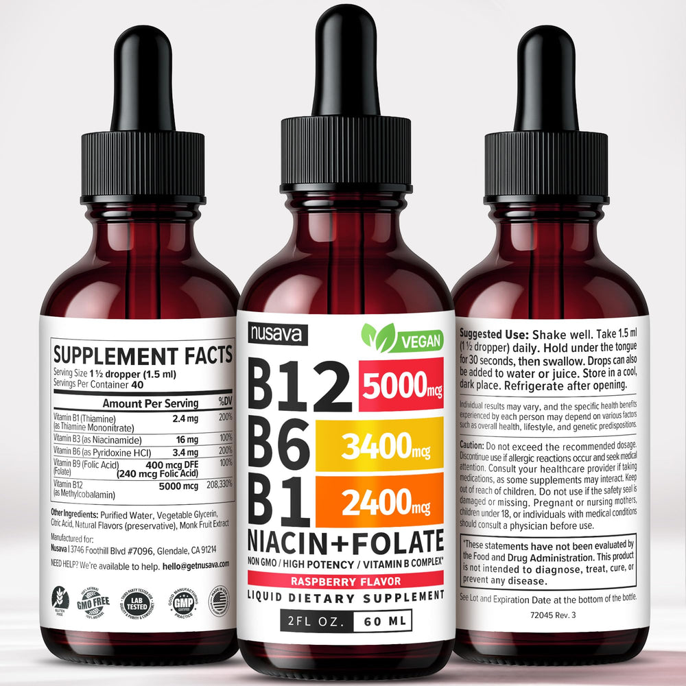 NUSAVA B12 Drops energy-brain-heart support concept with quick use.
