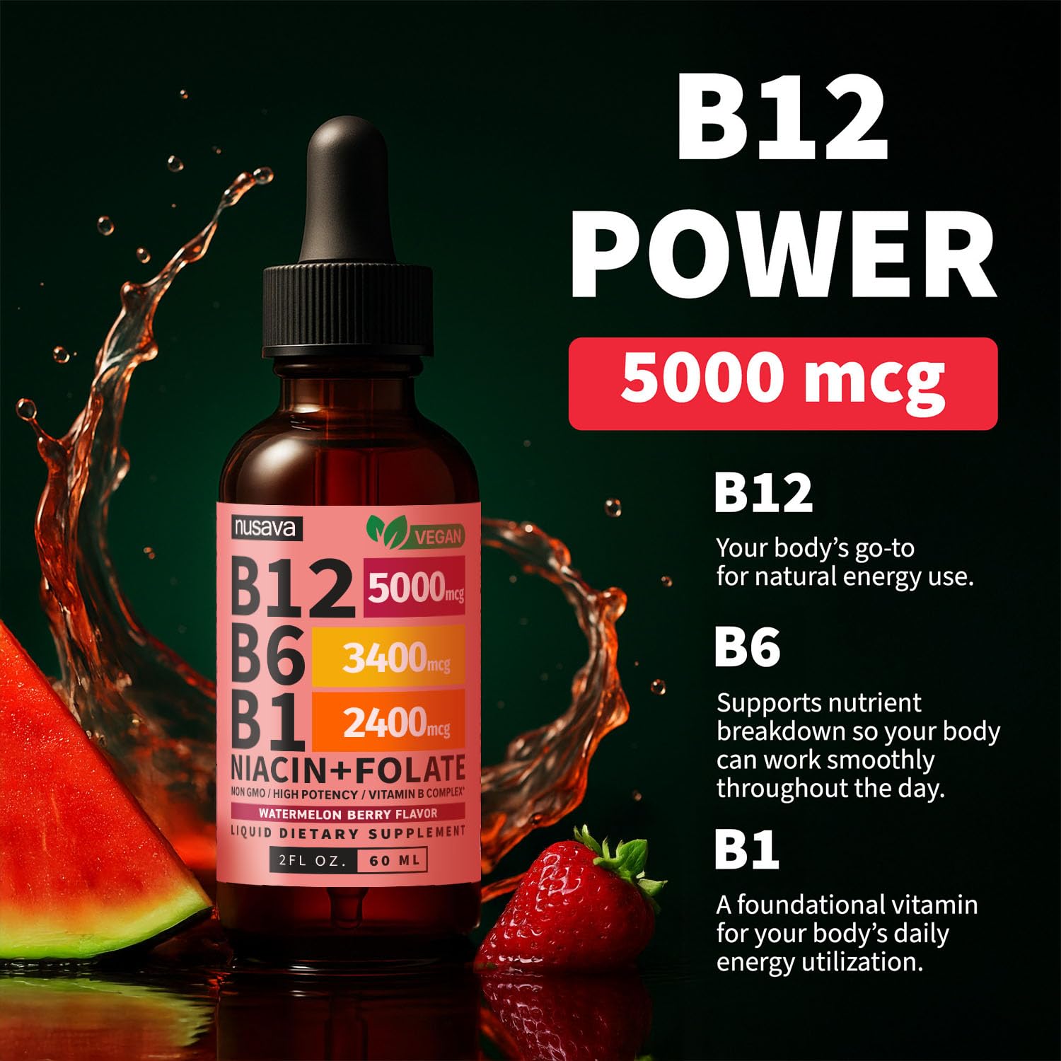 NUSAVA B12 Drops ingredients panel highlighting B12, B6, B1.