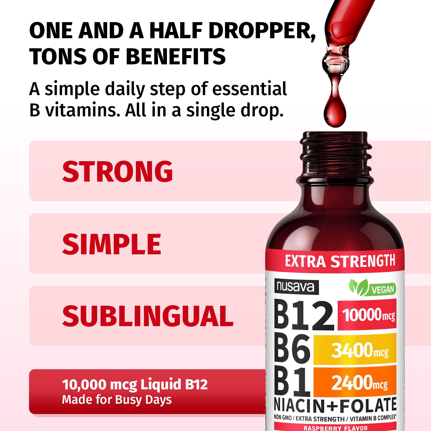 NUSAVA B12 drops raspberry liquid delivering 10000 mcg per serving