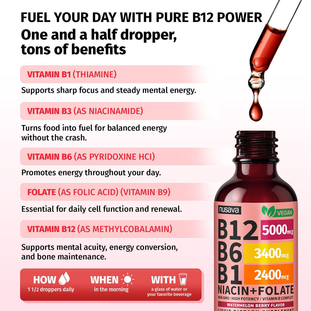 NUSAVA B12 Drops under-tongue application for quick absorption.