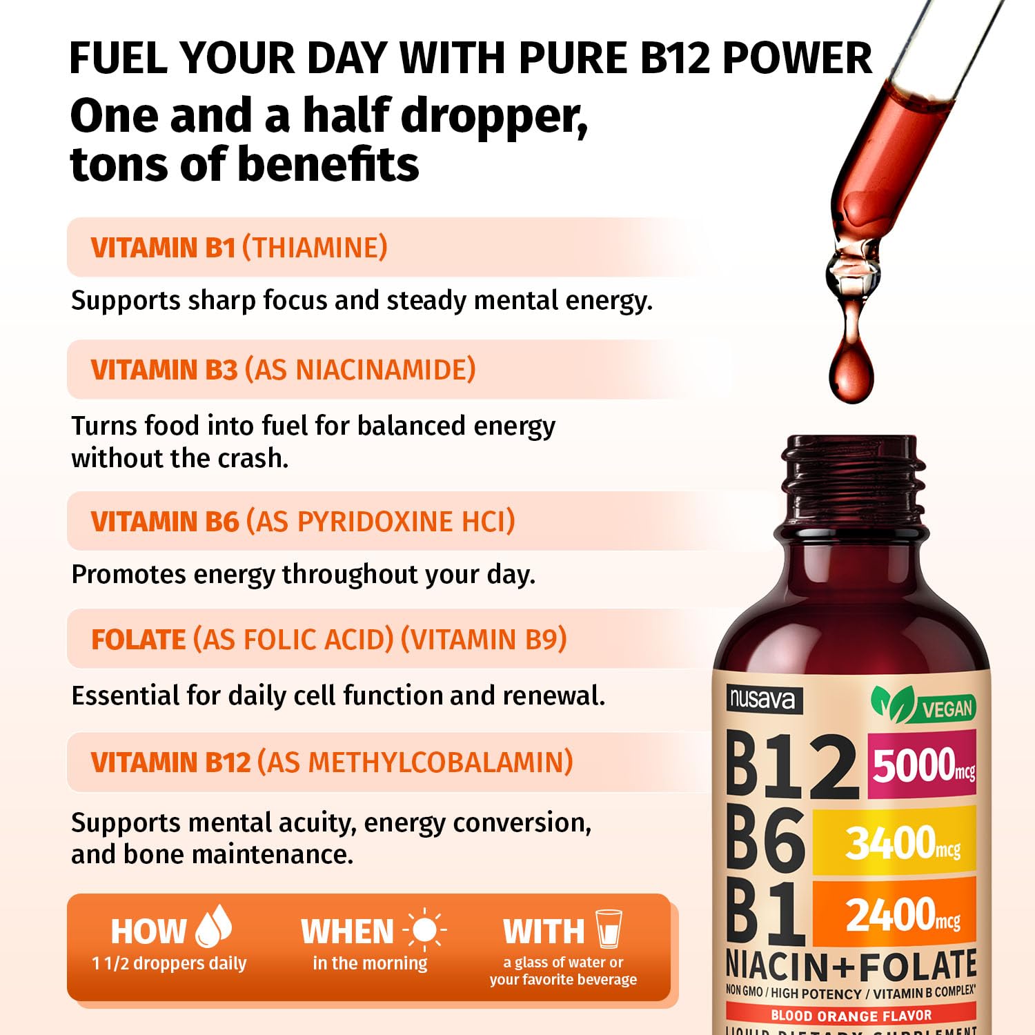NUSAVA B12 and B6 liquid bottle emphasizes vegan, non-GMO ingredients for vitality.