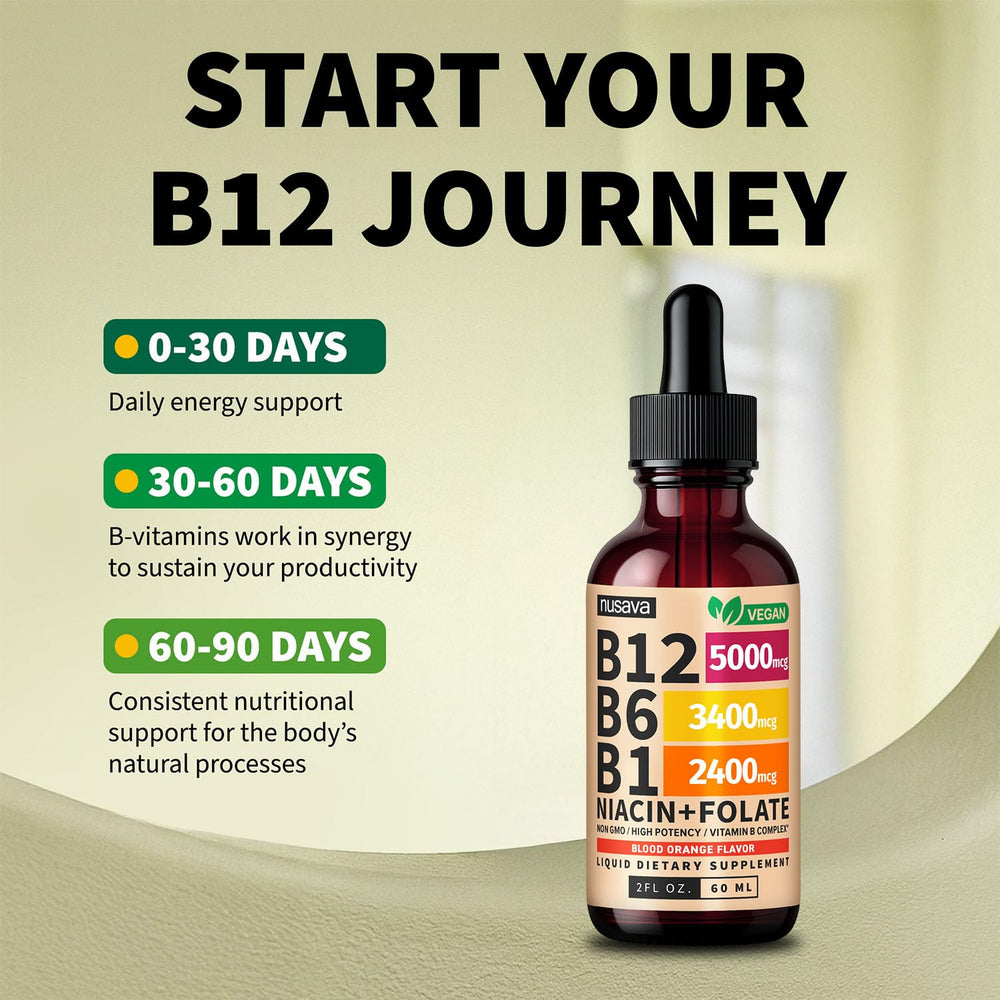 NUSAVA B12 drops label highlights gluten-free, vegan, and non-GMO credentials.