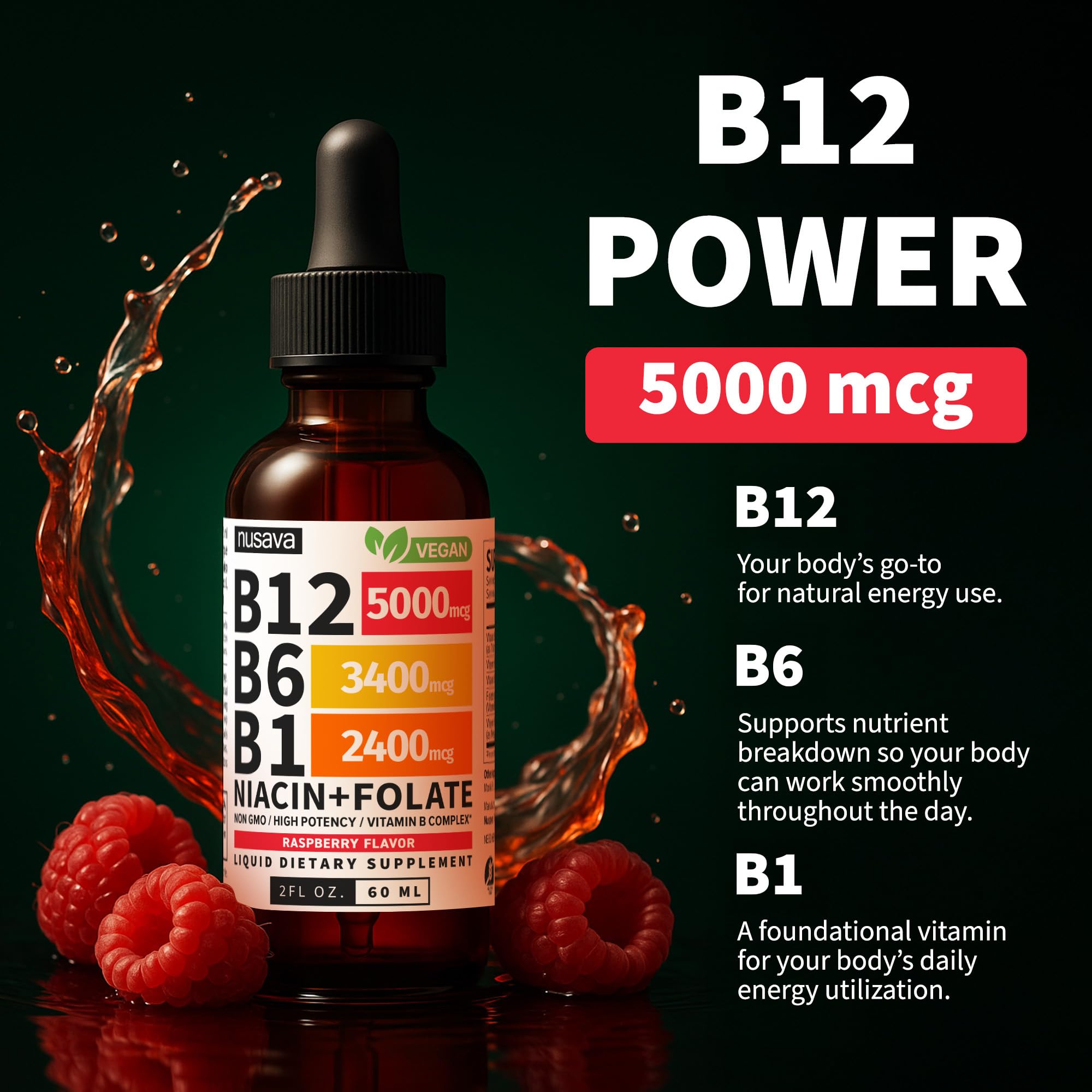 NUSAVA B12 Drops vegan no-fillers indicate clean formula.