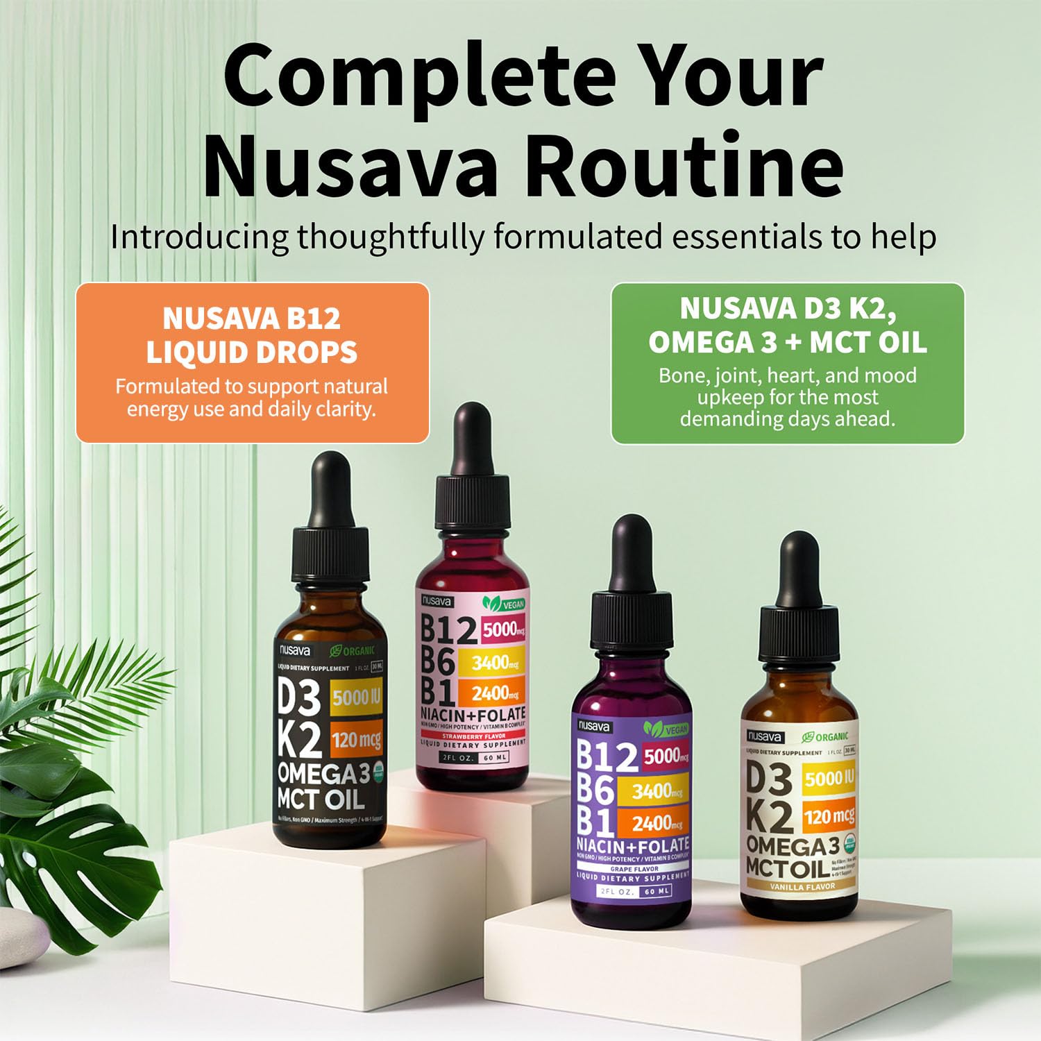 NUSAVA B12 drops sublingual application pictured for under-tongue use.