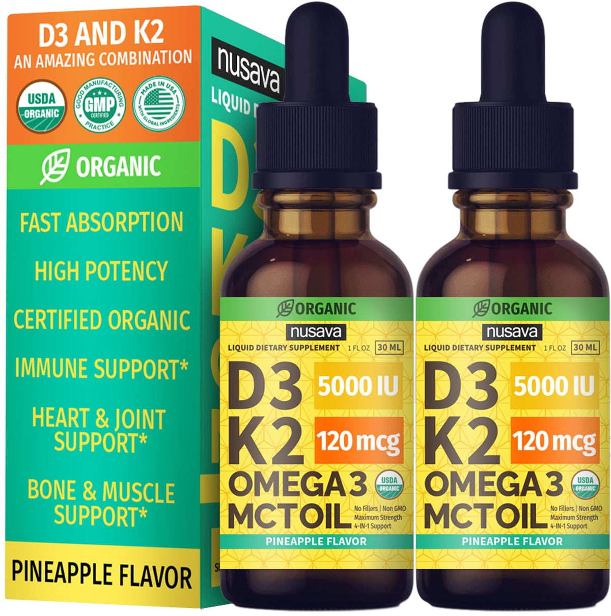 NUSAVA D3 K2 drops bottle pineapple flavor supports convenient daily supplementation for immune and bone wellness.