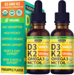 NUSAVA D3 K2 drops bottle pineapple flavor supports convenient daily supplementation for immune and bone wellness.