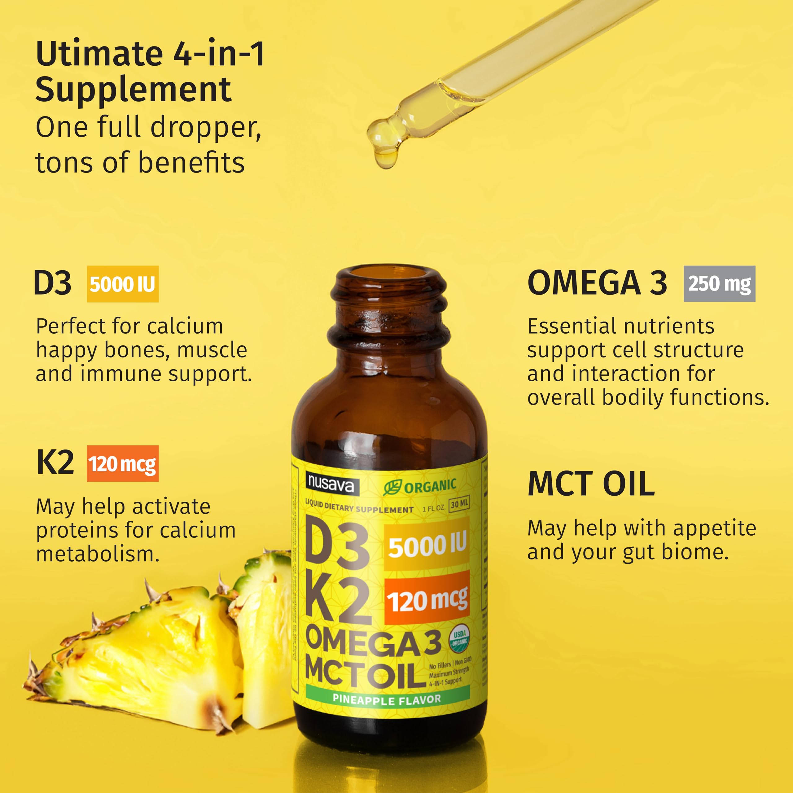 NUSAVA D3 K2 drops label shows organic, non-GMO, filler-free quality.
