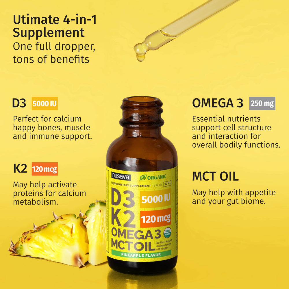 NUSAVA D3 K2 drops label shows organic, non-GMO, filler-free quality.
