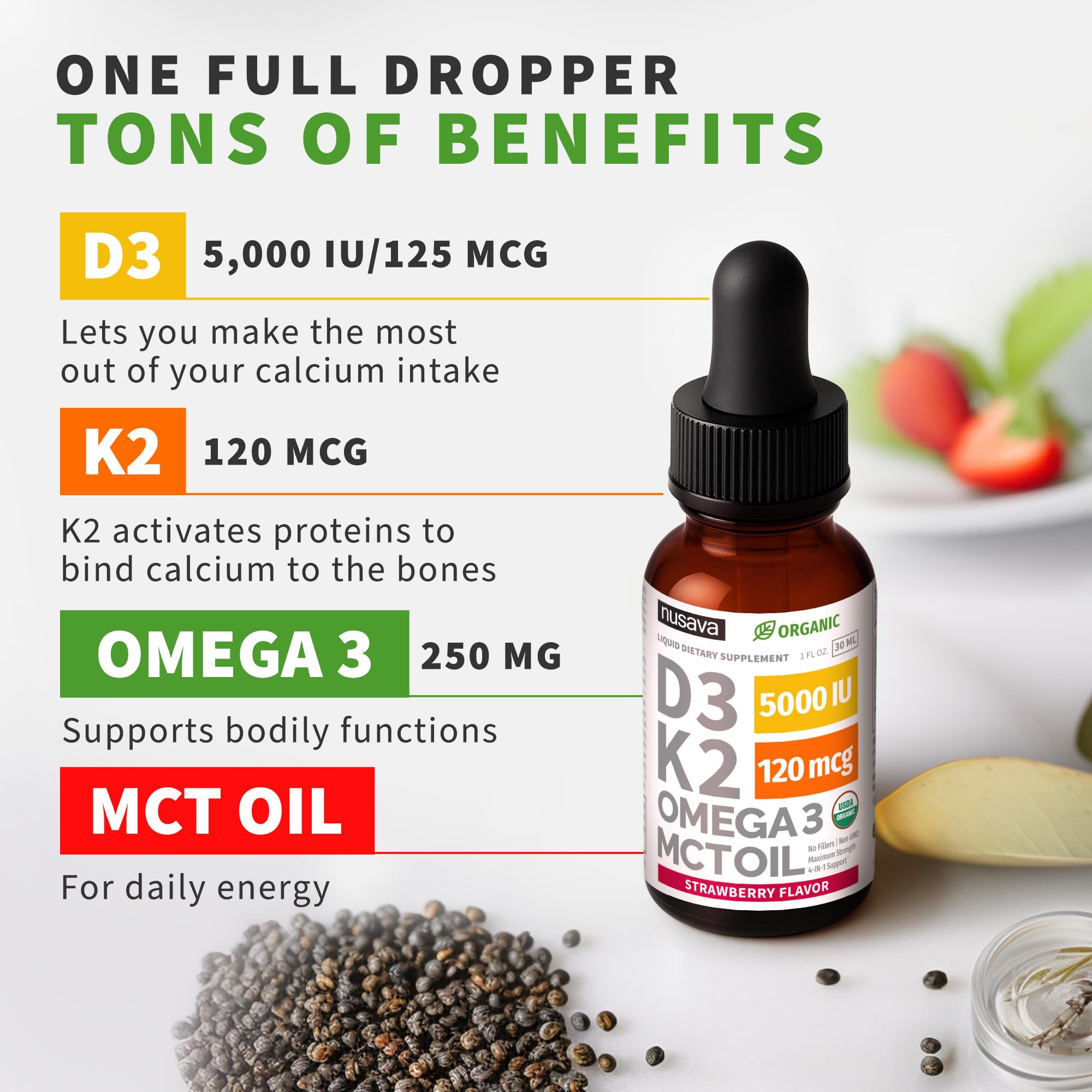 NUSAVA D3K2 drops amber bottle, premium liquid formulation