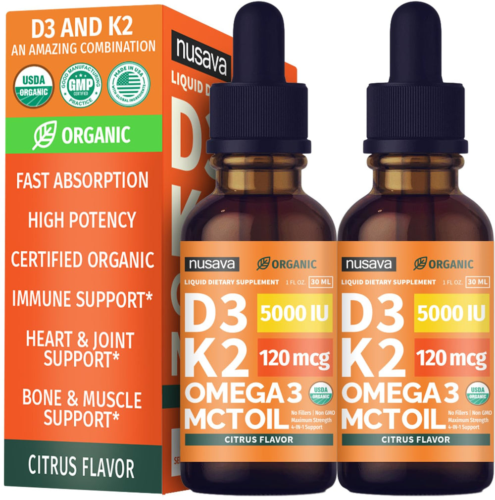 NUSAVA Vitamin D3 K2 drops bottle with citrus flavor for daily immune support