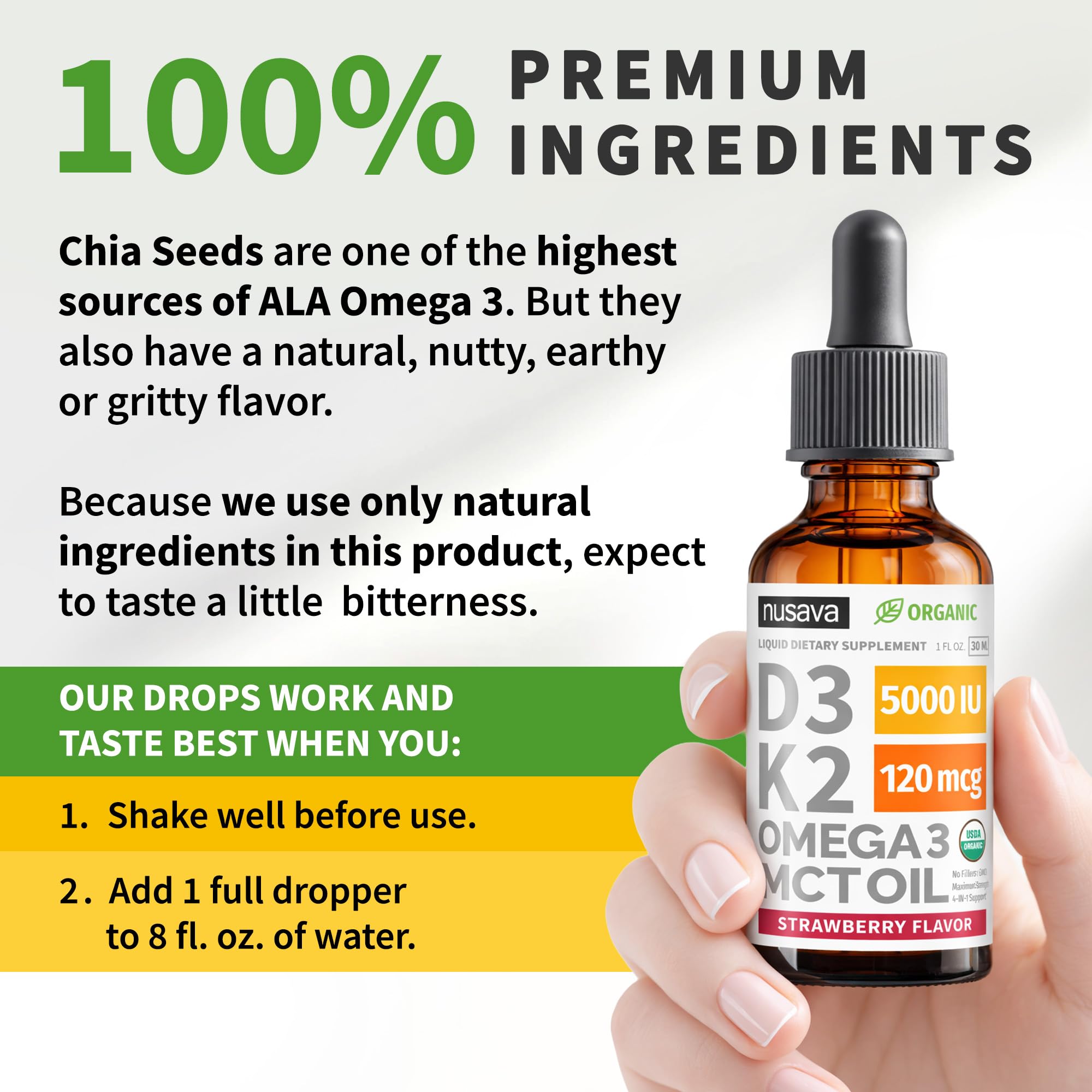 NUSAVA D3K2 drops label closeup, non-GMO and organic ingredients detail