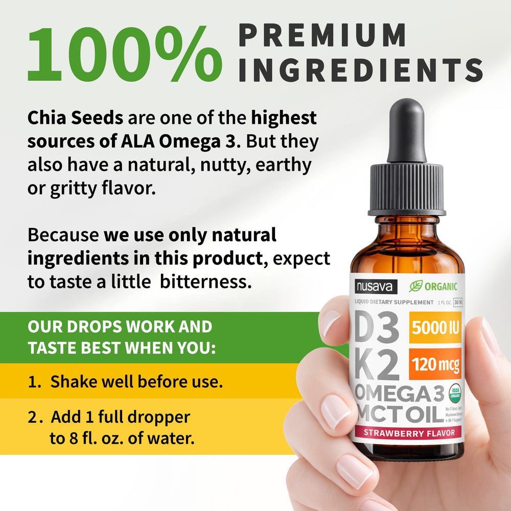 NUSAVA D3K2 drops label closeup, non-GMO and organic ingredients detail