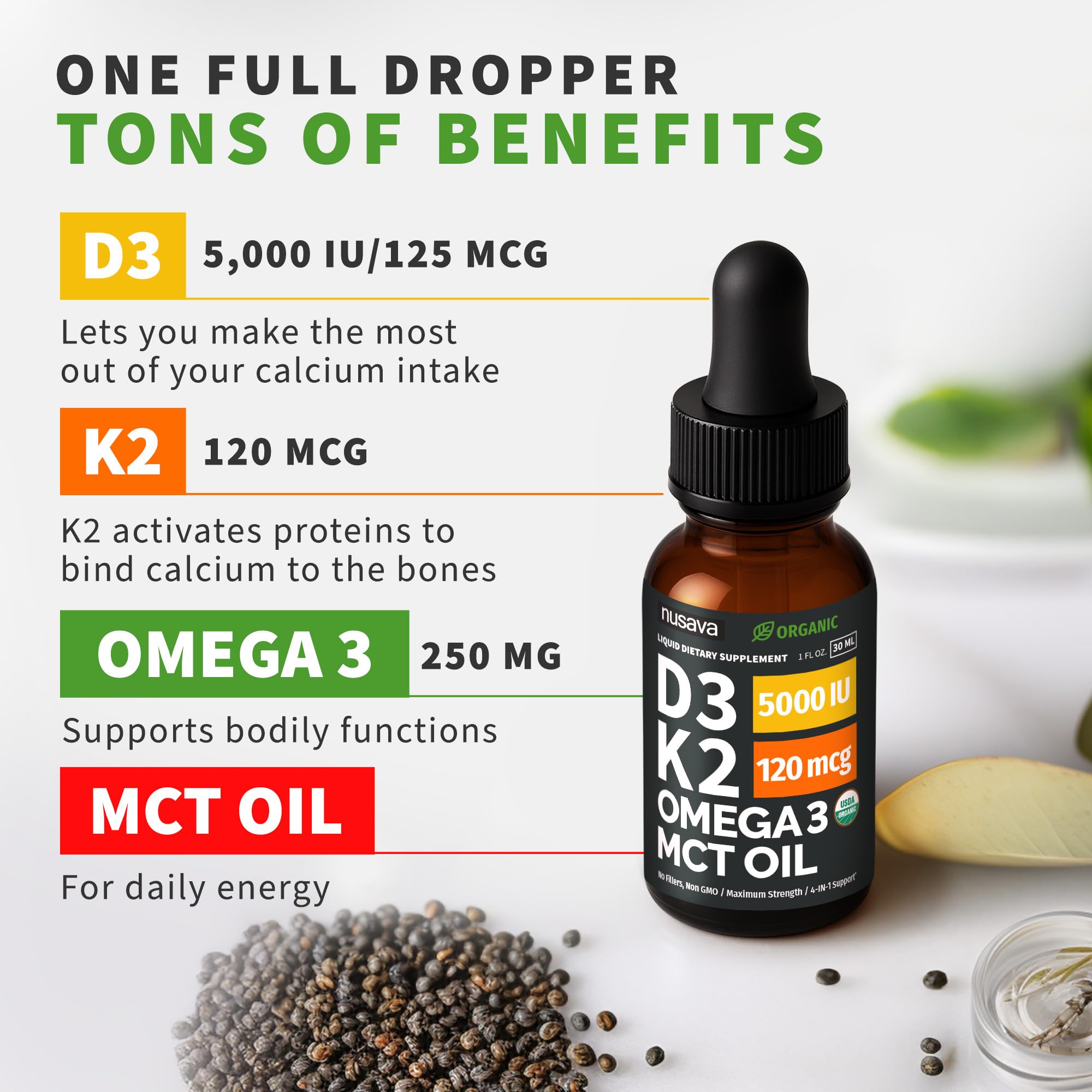 NUSAVA liquid D3 K2 with omega-3 and chia oil ingredients.