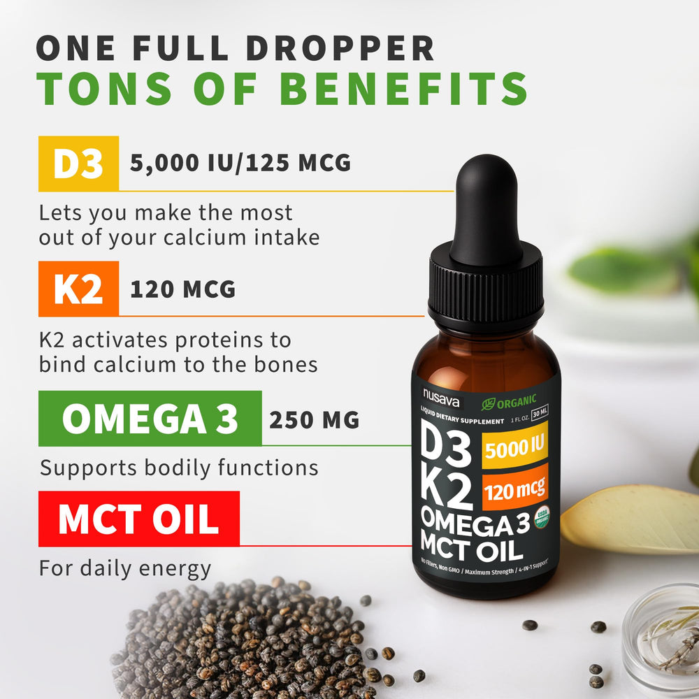 NUSAVA liquid D3 K2 with omega-3 and chia oil ingredients.