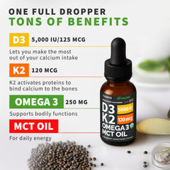 NUSAVA liquid D3 K2 with omega-3 and chia oil ingredients.