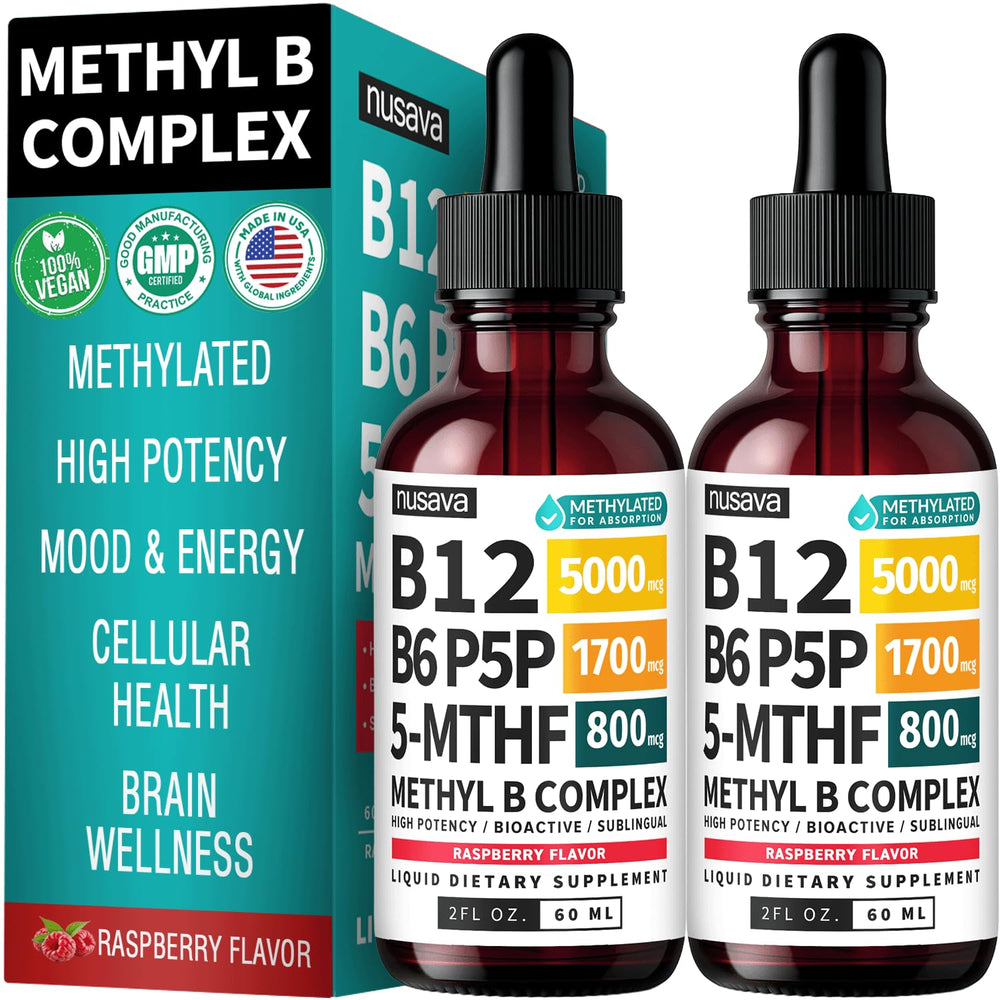 NUSAVA methylated B Complex drops bottle for daily energy support.