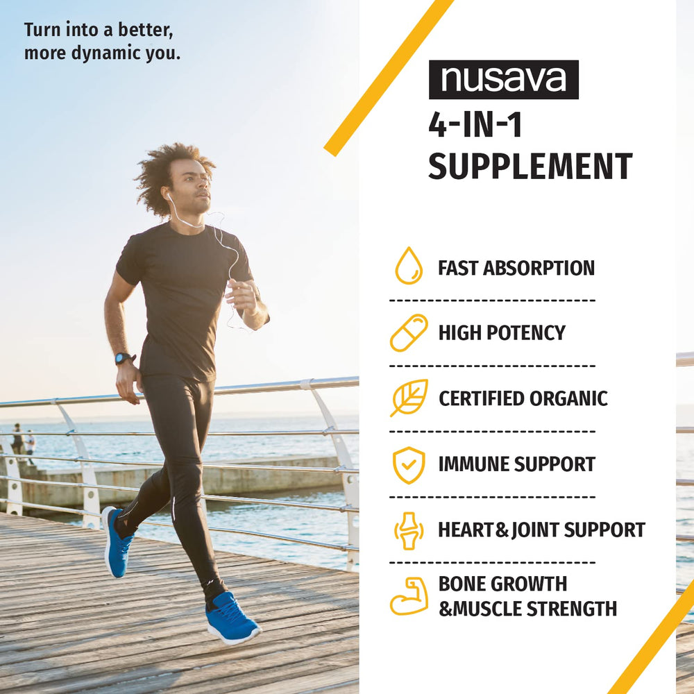 NUSAVA Omega-3 and chia seed oil blend visible in dropper