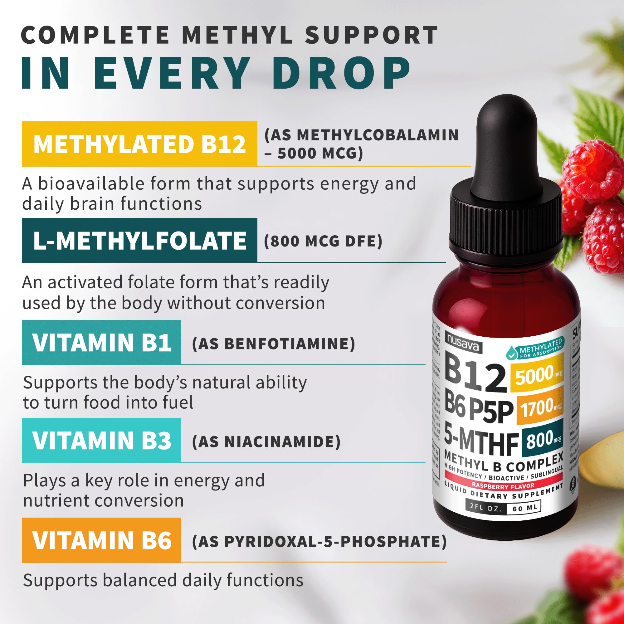 NUSAVA Raspberry-flavored liquid B complex offers pleasant, sugar-free routine.