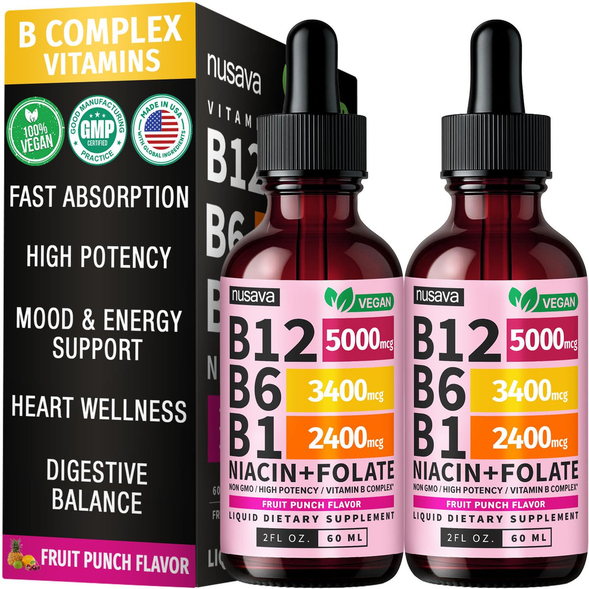 NUSAVA B12 Drops two-pack on packaging front for convenient daily use