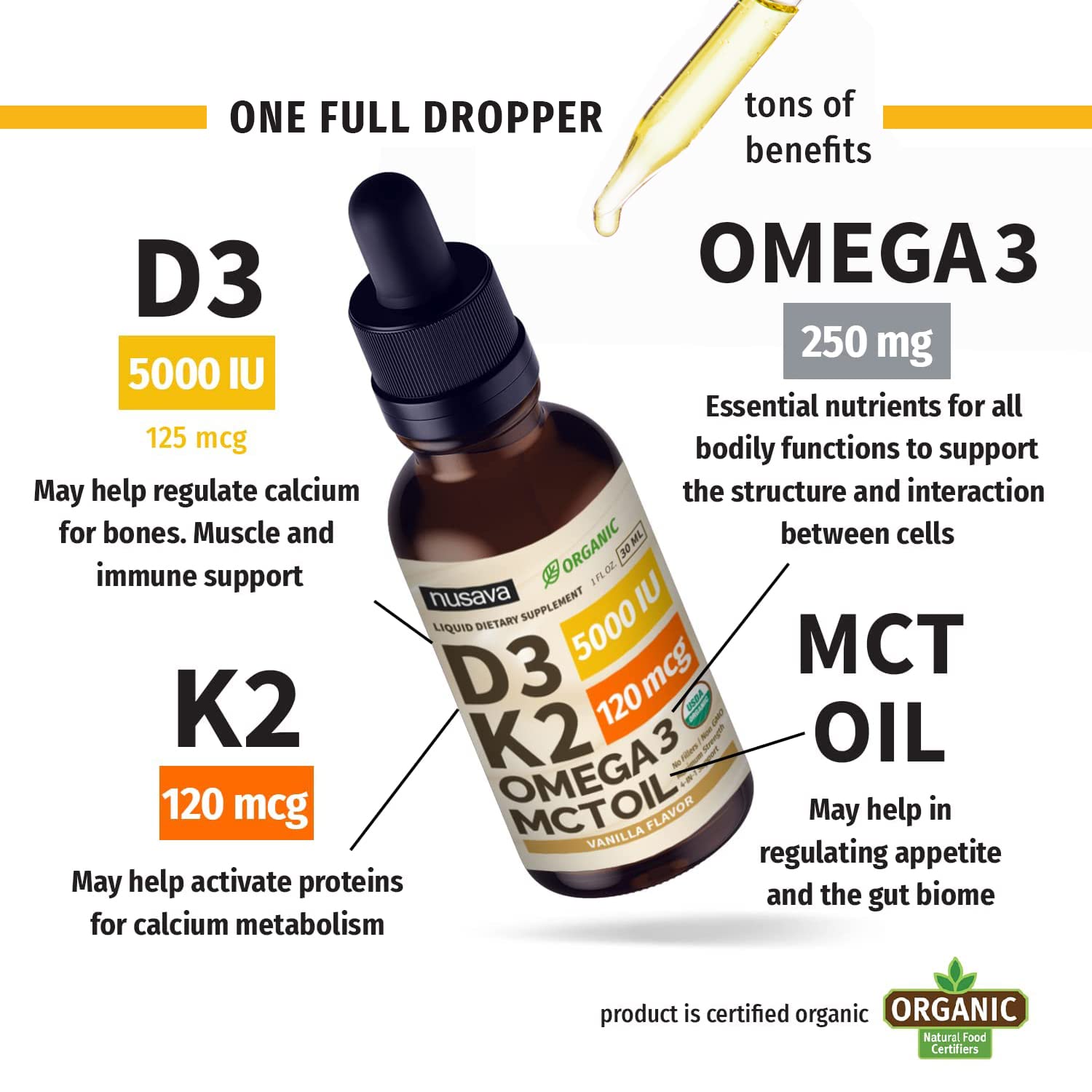 NUSAVA vanilla flavored liquid drops close-up view