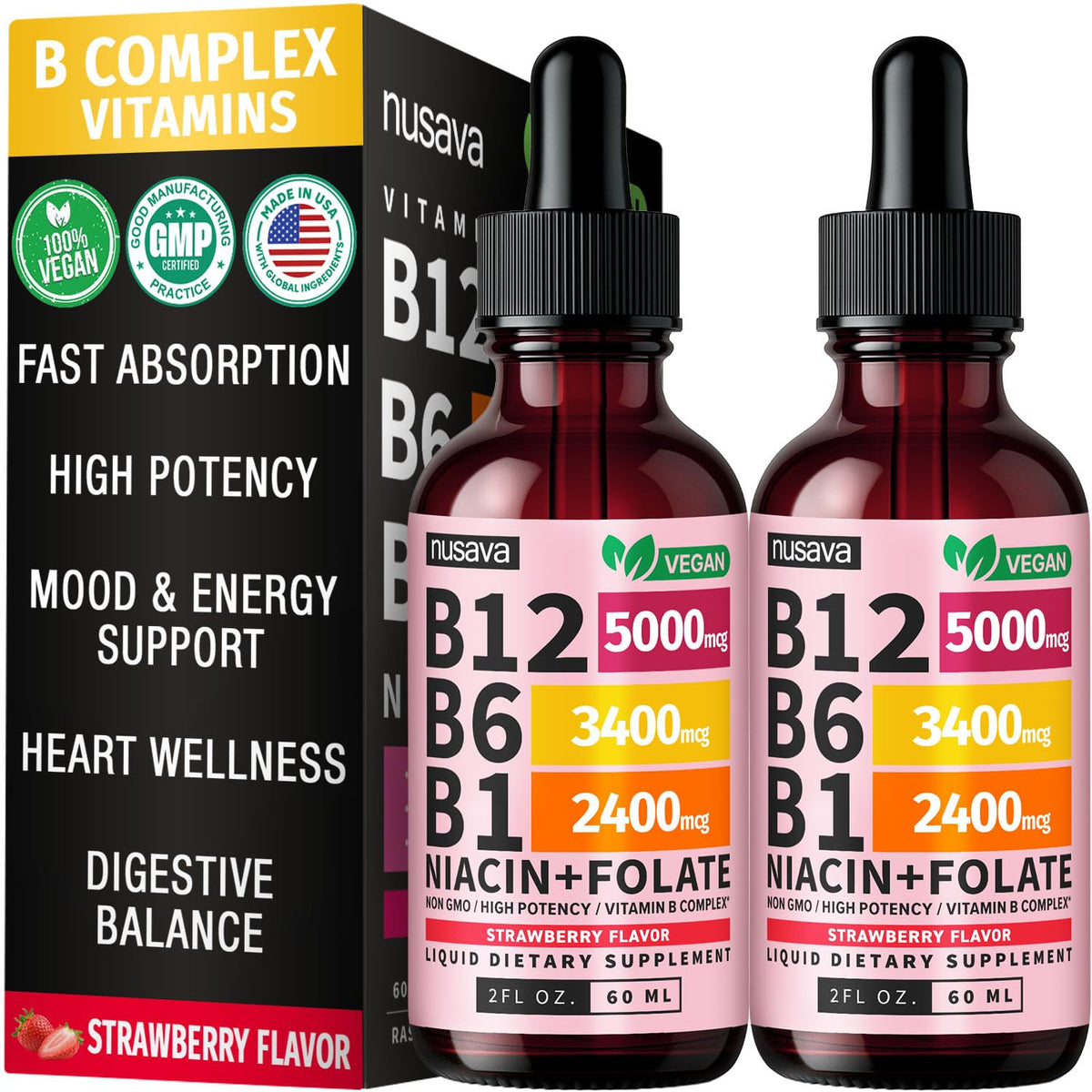 NUSAVA Vitamin B12 B6 liquid drops bottle front for quick energy support