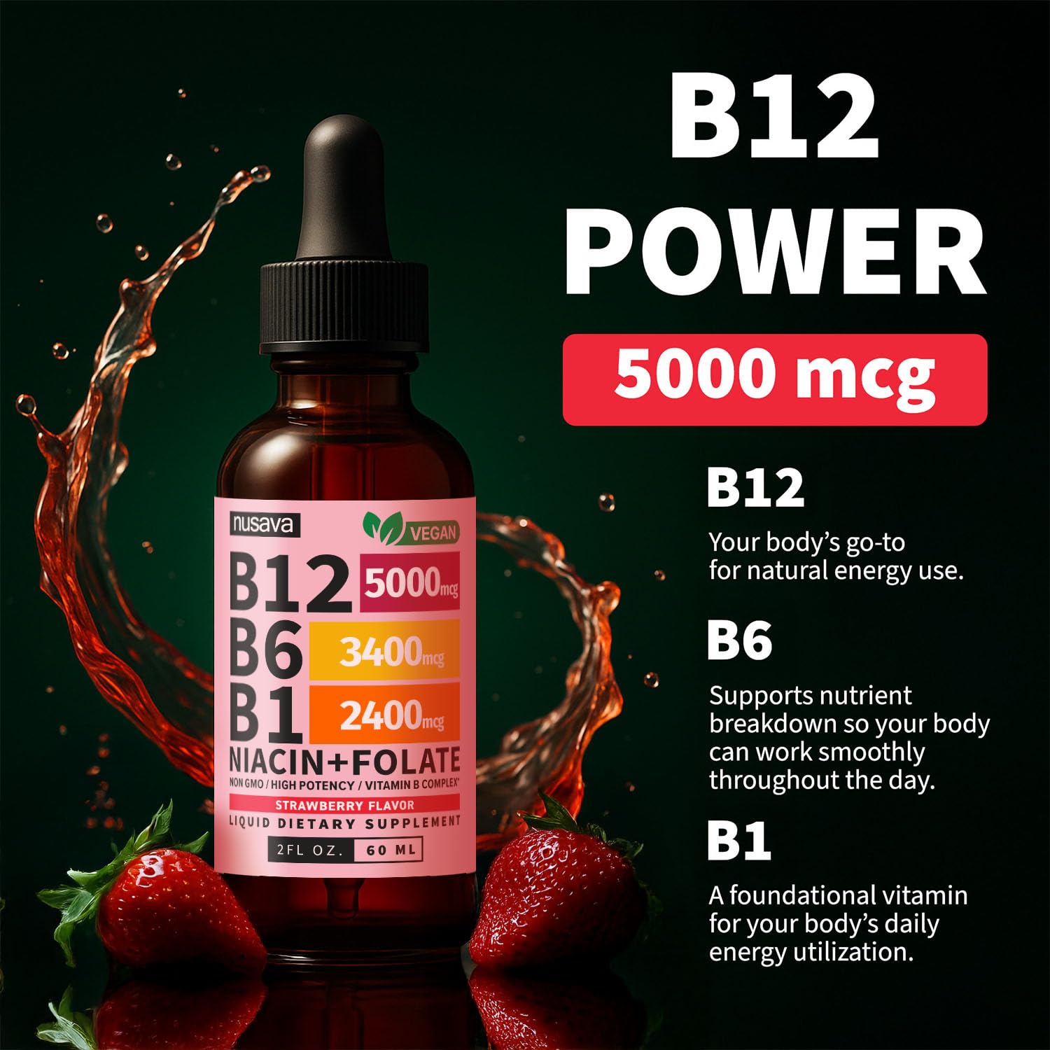 NUSAVA Vitamin B12 B6 liquid drops liquid pour serving shot