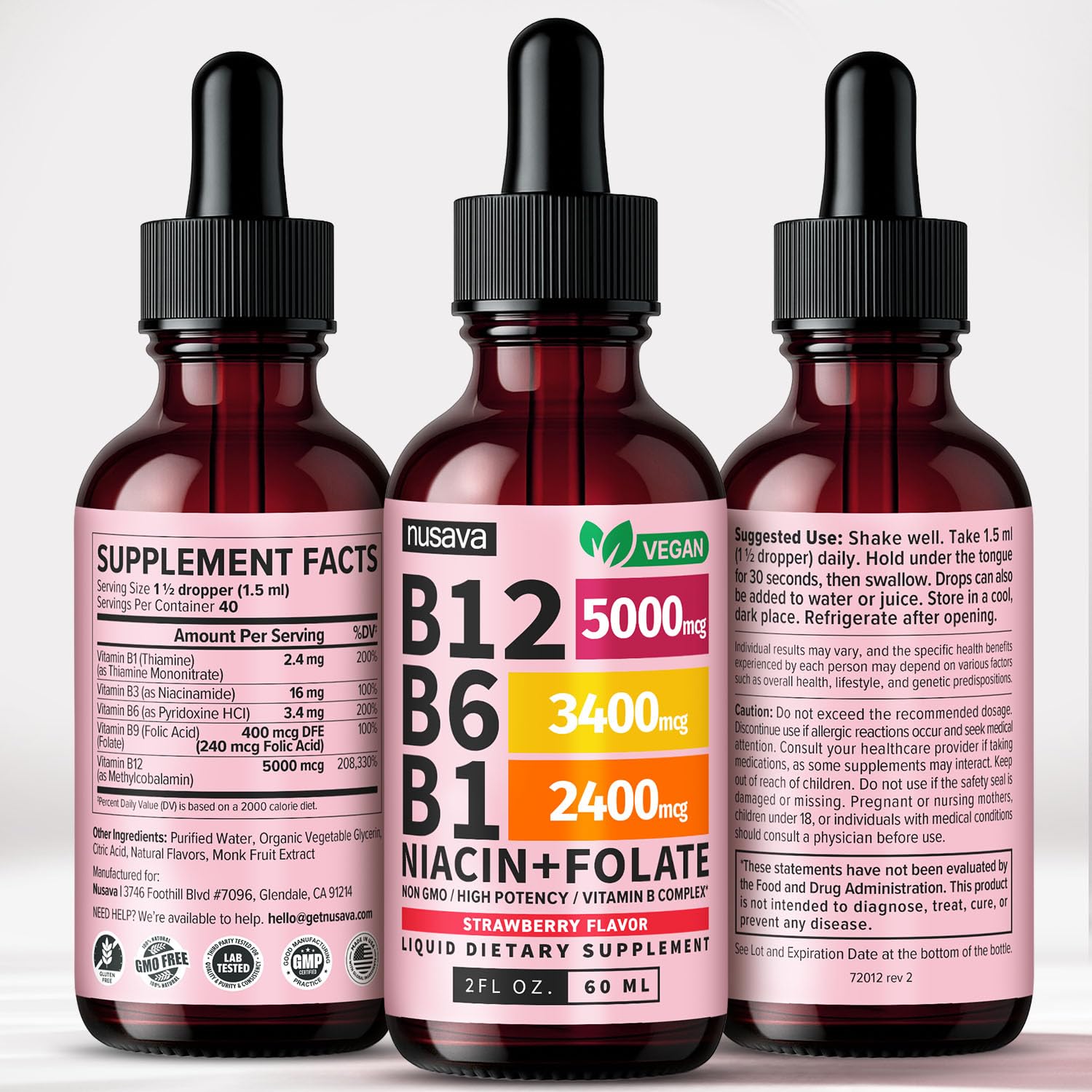 NUSAVA Vitamin B12 B6 liquid drops packaging with bottle and box