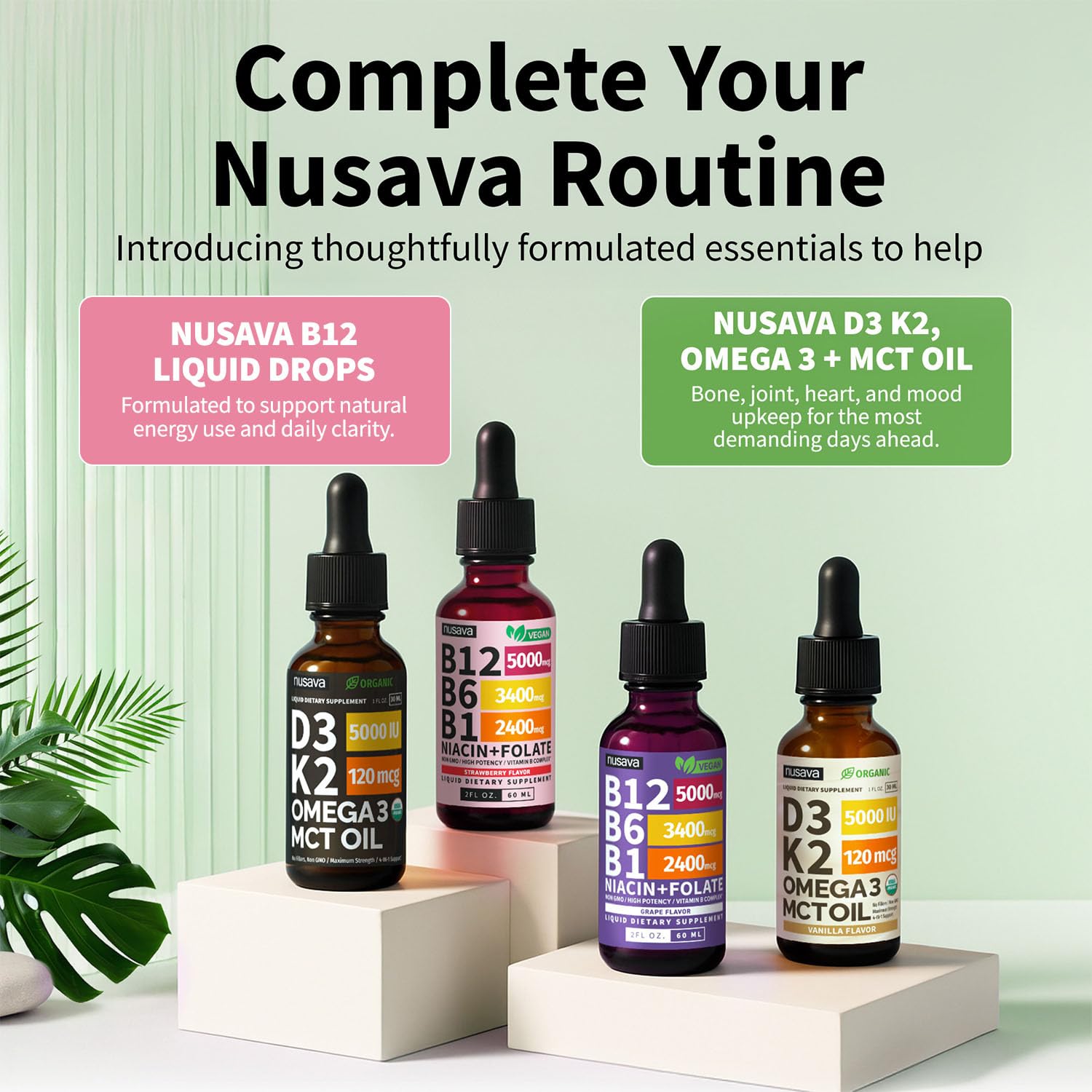 NUSAVA Vitamin B12 B6 liquid drops vegan gluten-free certification visible