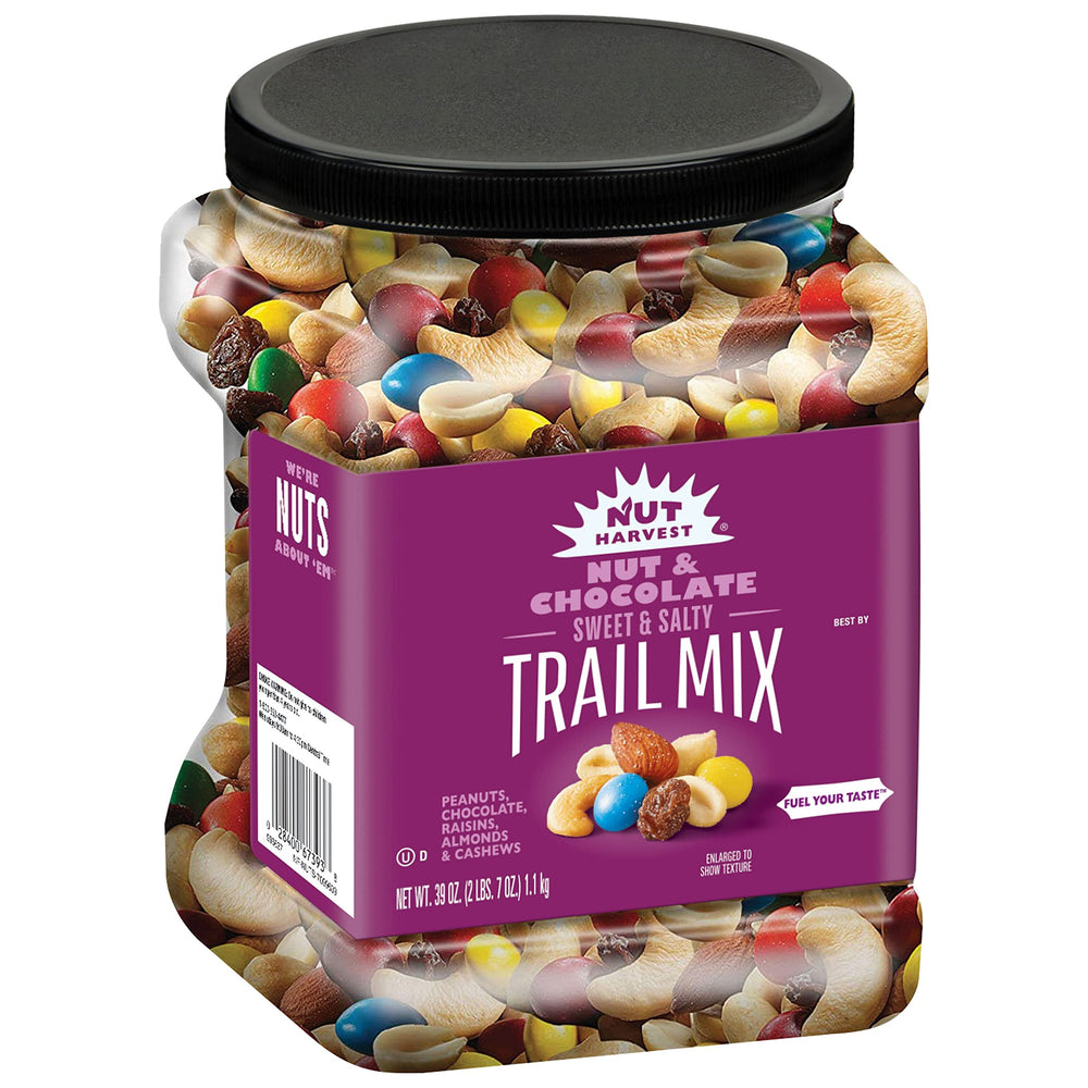 Nut Harvest Nut & Chocolate Mix jar ready for sharing at the desk.
