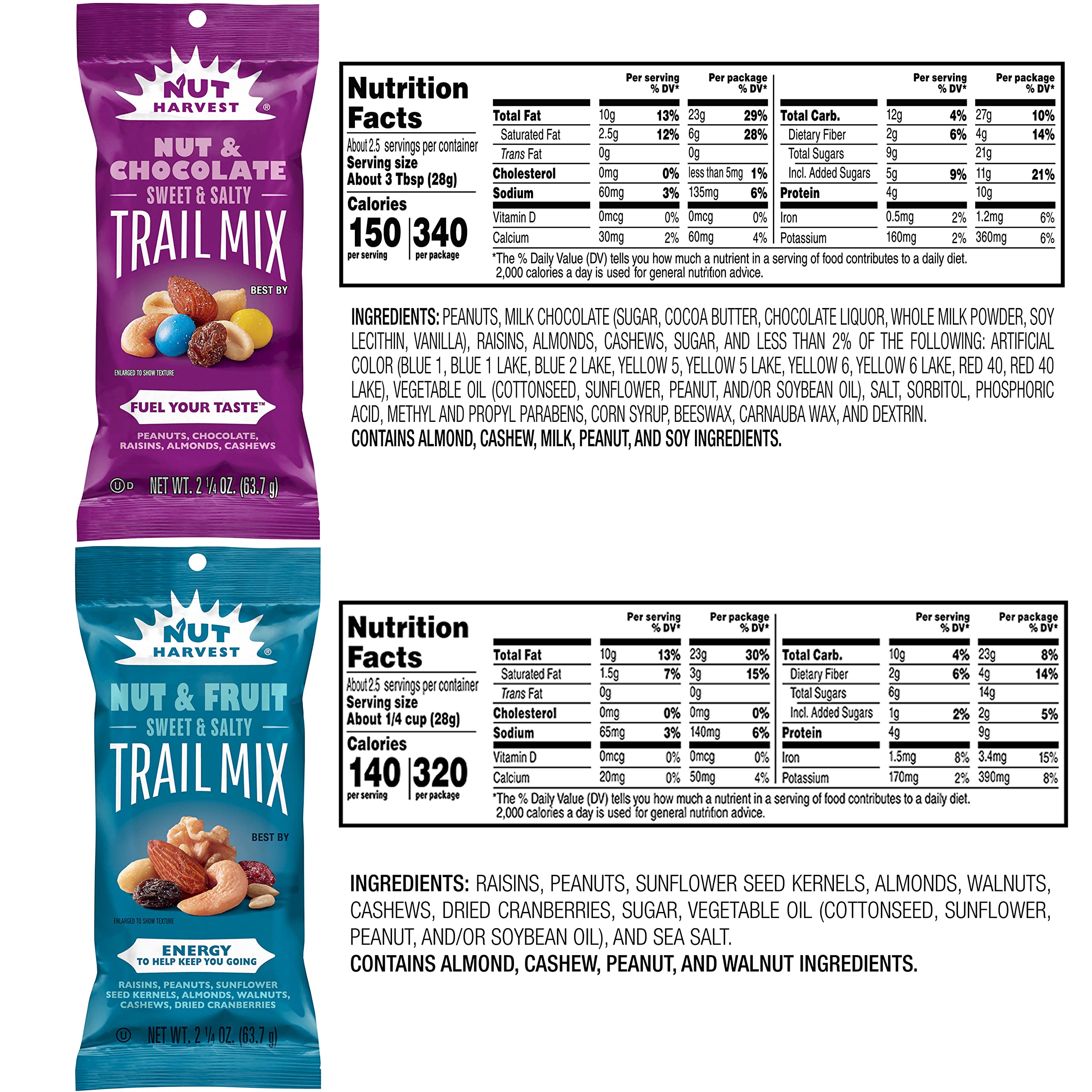 Nut Harvest Trail Mix Variety Pack ingredients close-up showing nut and chocolate variety
