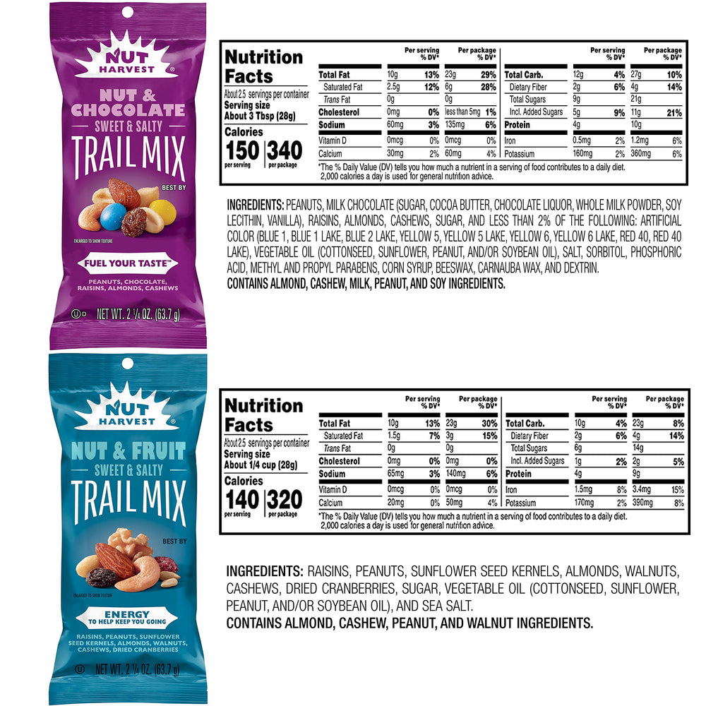 Nut Harvest Trail Mix Variety Pack ingredients close-up showing nut and chocolate variety
