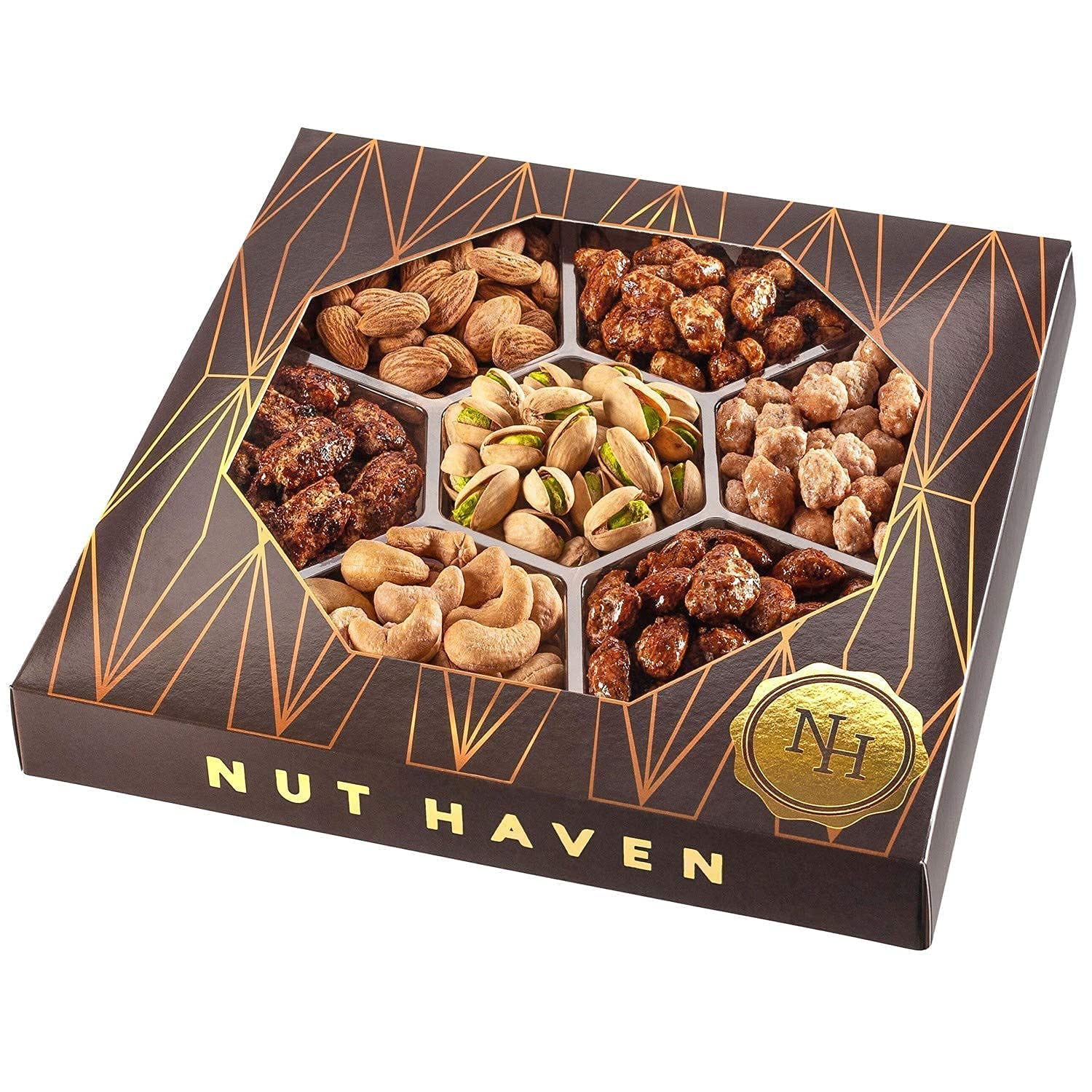 Nut Haven Deluxe Mixed Nuts featuring toffee peanuts and glazed almonds for gourmet snacking.