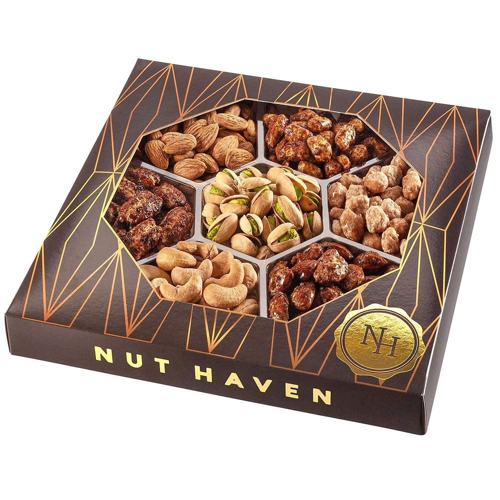 Nut Haven Deluxe Mixed Nuts featuring toffee peanuts and glazed almonds for gourmet snacking.