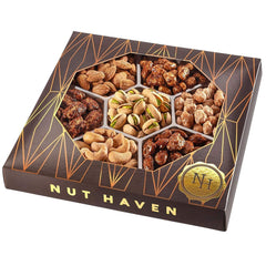 Nut Haven Deluxe Mixed Nuts featuring toffee peanuts and glazed almonds for gourmet snacking.