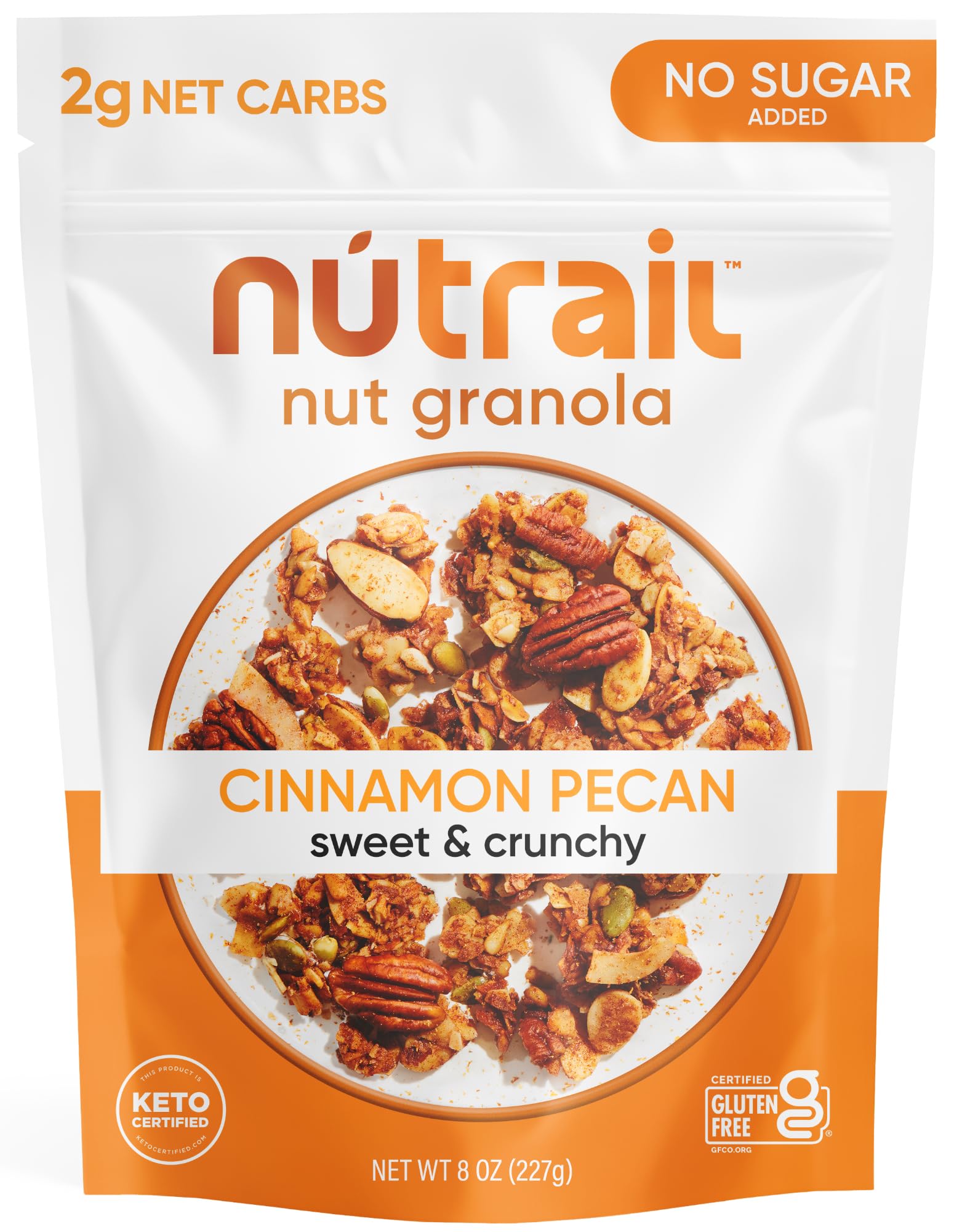 NuTrail Cinnamon Pecan Granola bag, gluten-free and no sugar added.