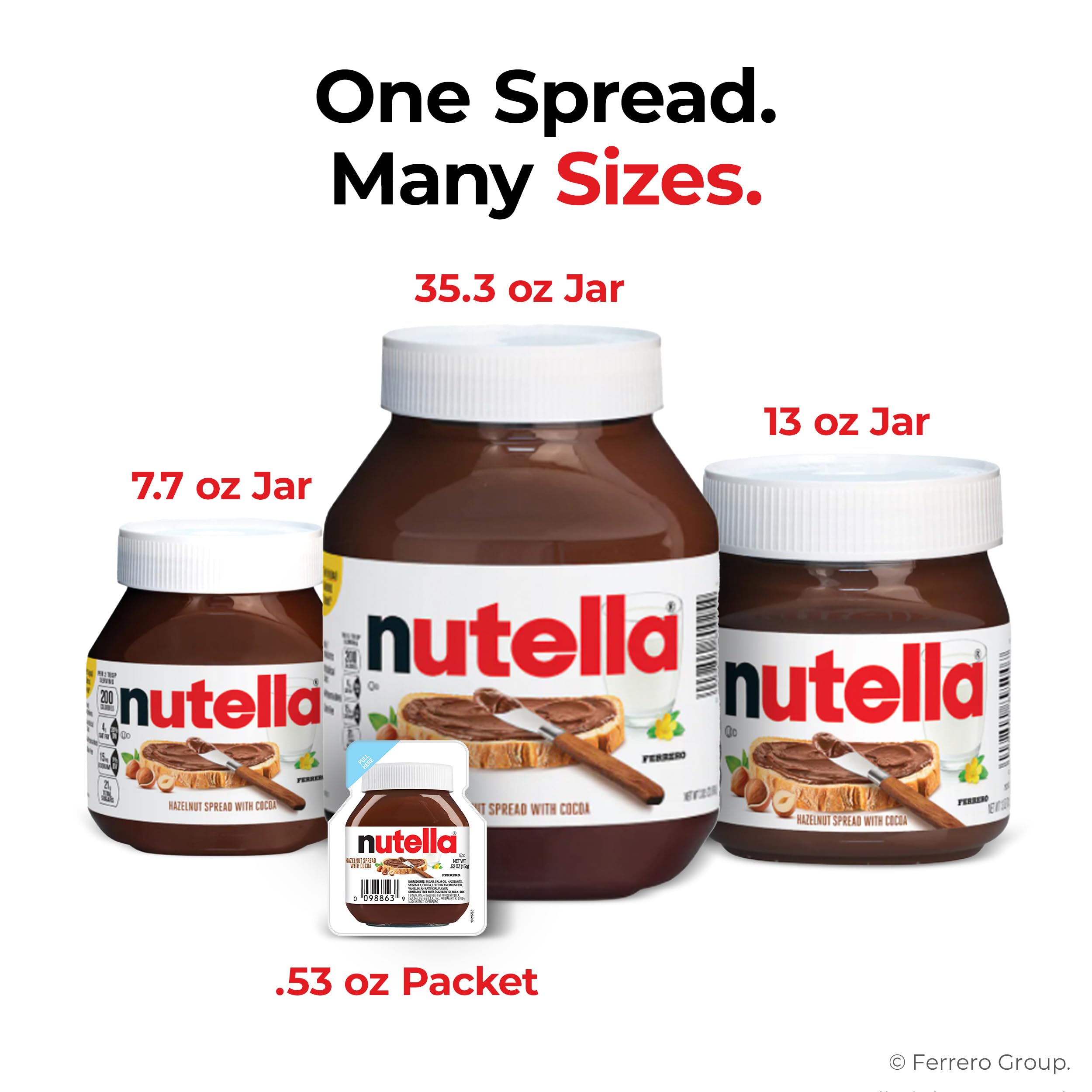 Nutella jars organized on a kitchen shelf.