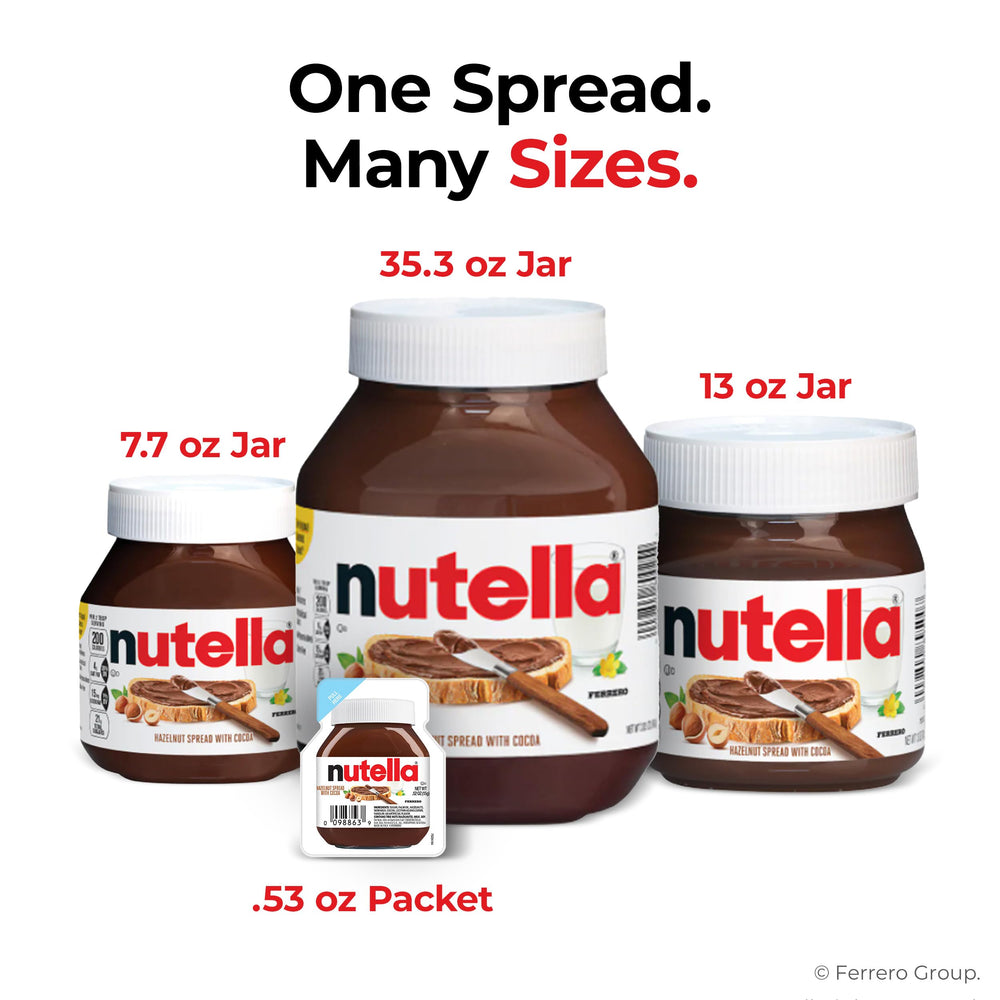 Nutella jars organized on a kitchen shelf.