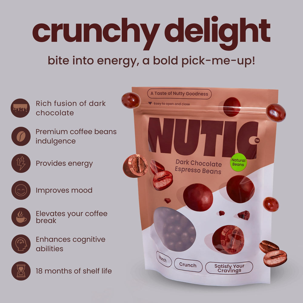 Nutic dark chocolate espresso beans coating detail highlights balanced ratio.