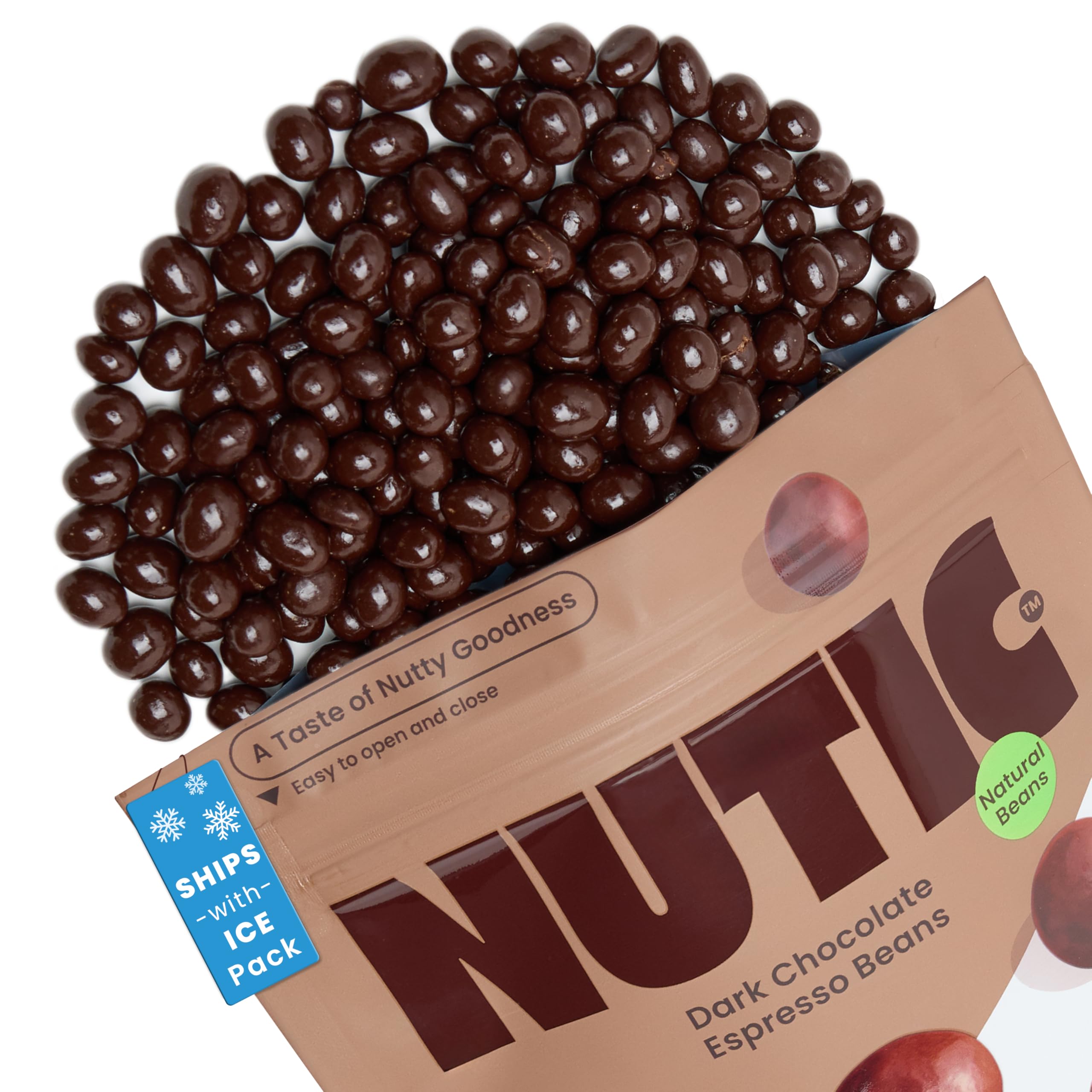 Nutic dark chocolate espresso beans packaging preserves freshness during shipping.