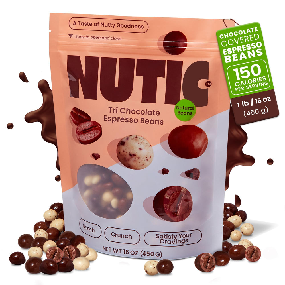Nutic Tri dark chocolate coating detail on espresso bean.