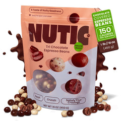 Nutic Tri dark chocolate coating detail on espresso bean.