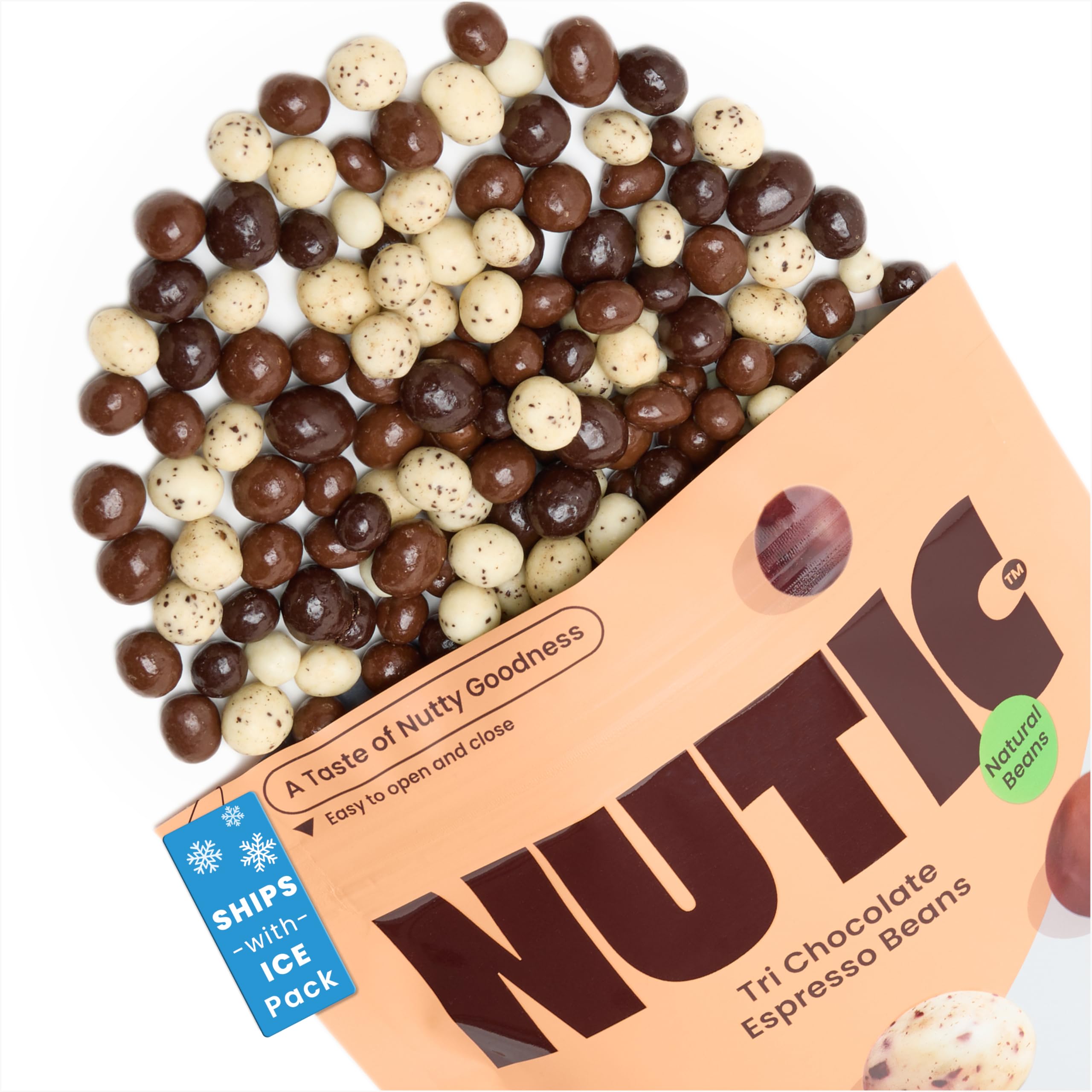 Nutic Tri white milk dark espresso beans pack front showing ready-to-eat chocolate-coated snack.