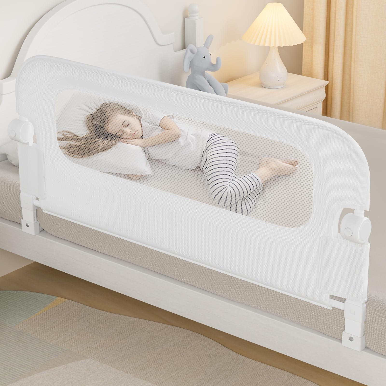 NUTIKAS bed rail guard with a swing-down feature for easy access at night