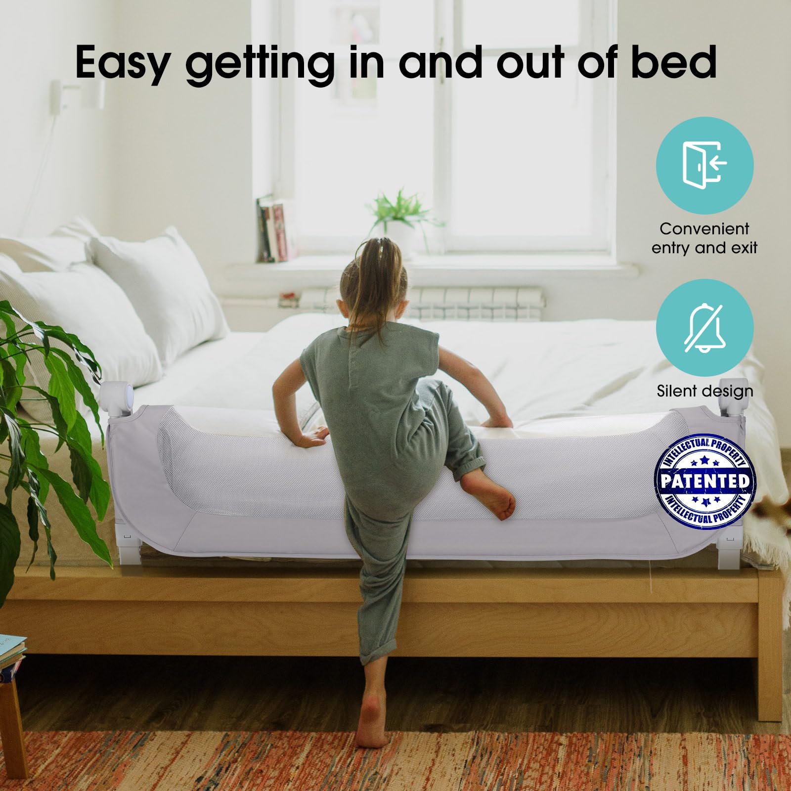 NUTIKAS bed rail with swing-down mechanism for easy nightly access