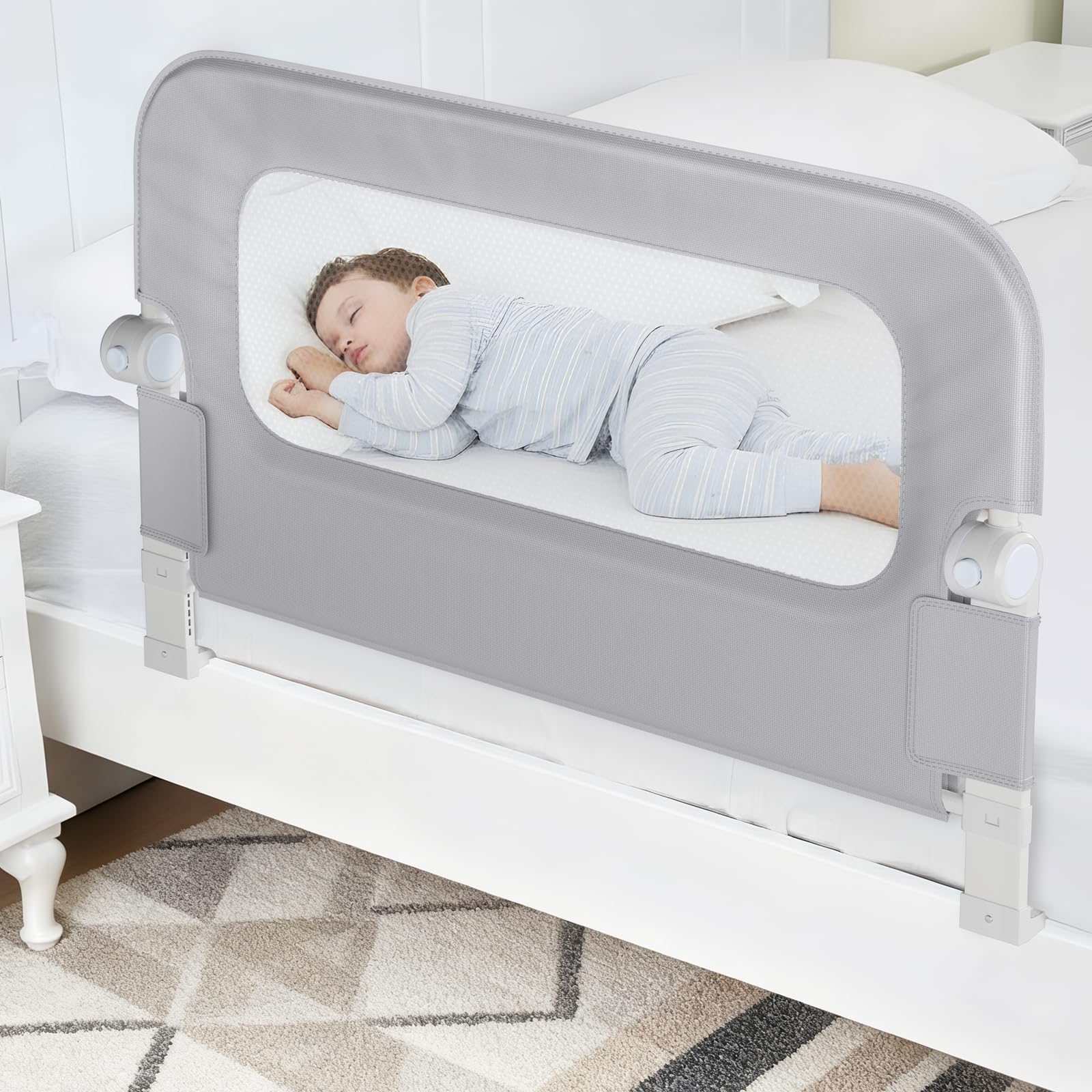 Nutikas baby bed rail guard with swing-down for easy bedtime access
