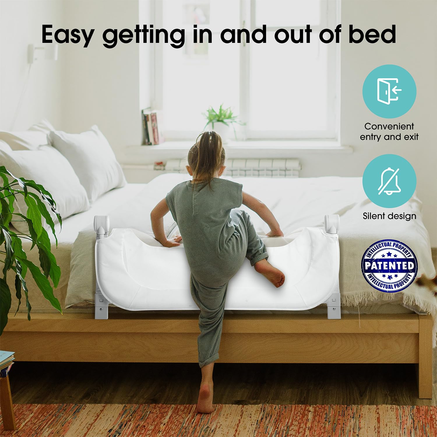 NUTIKAS adjustable-height bed rail fits twin to queen mattresses.