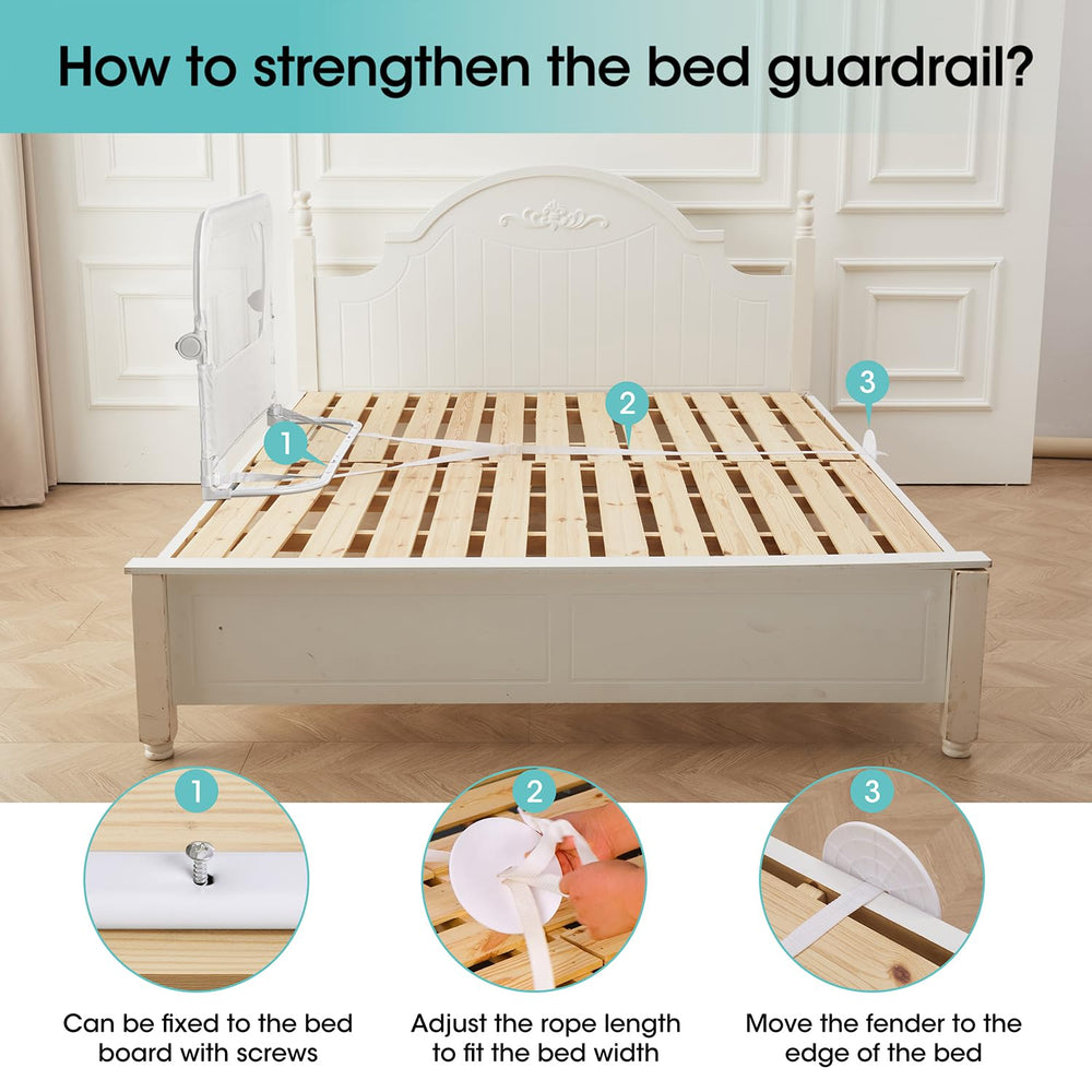 NUTIKAS sturdy bed rail on a queen-size bed demonstrates safety