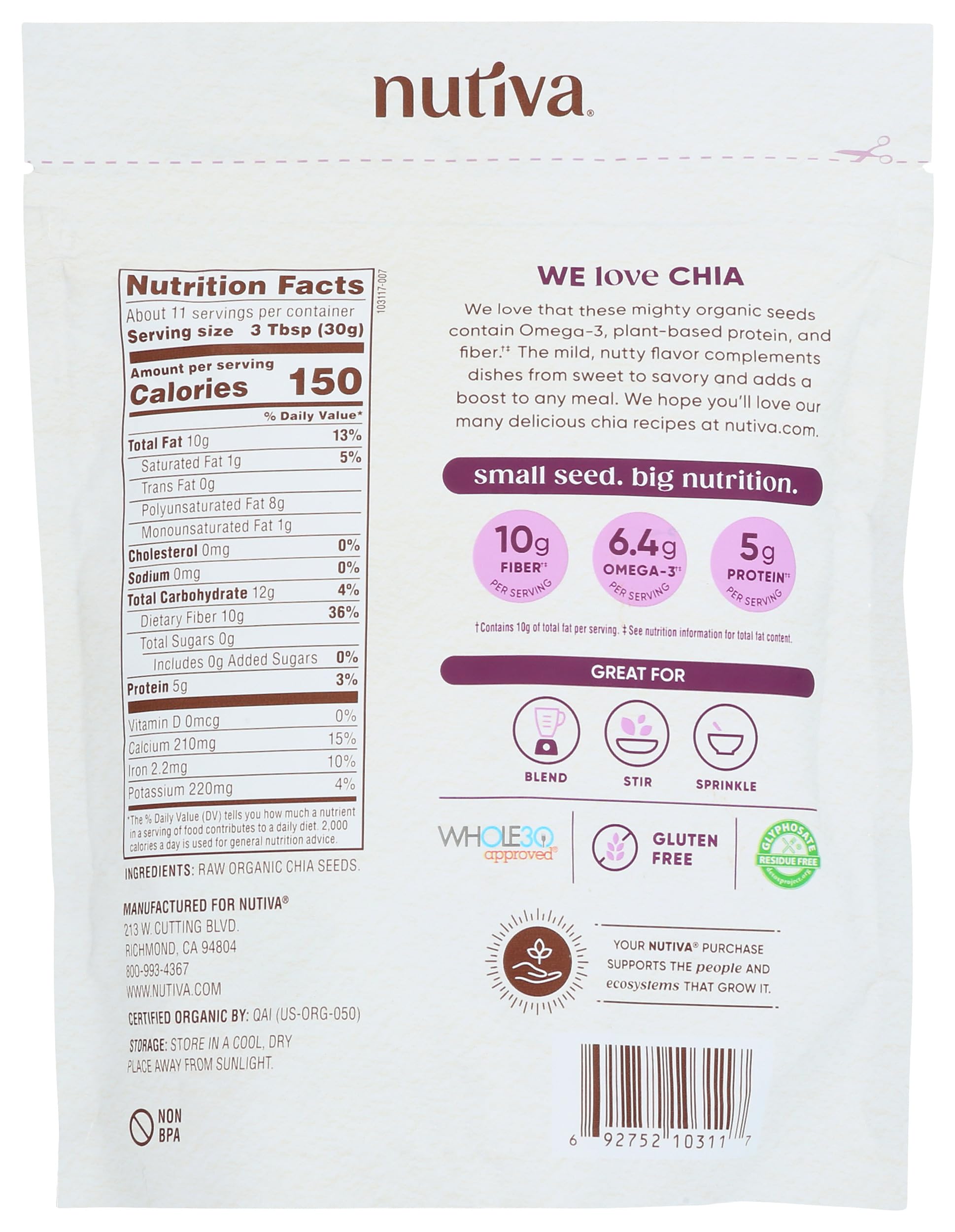 Nutiva chia seeds in yogurt, adding fiber and texture.