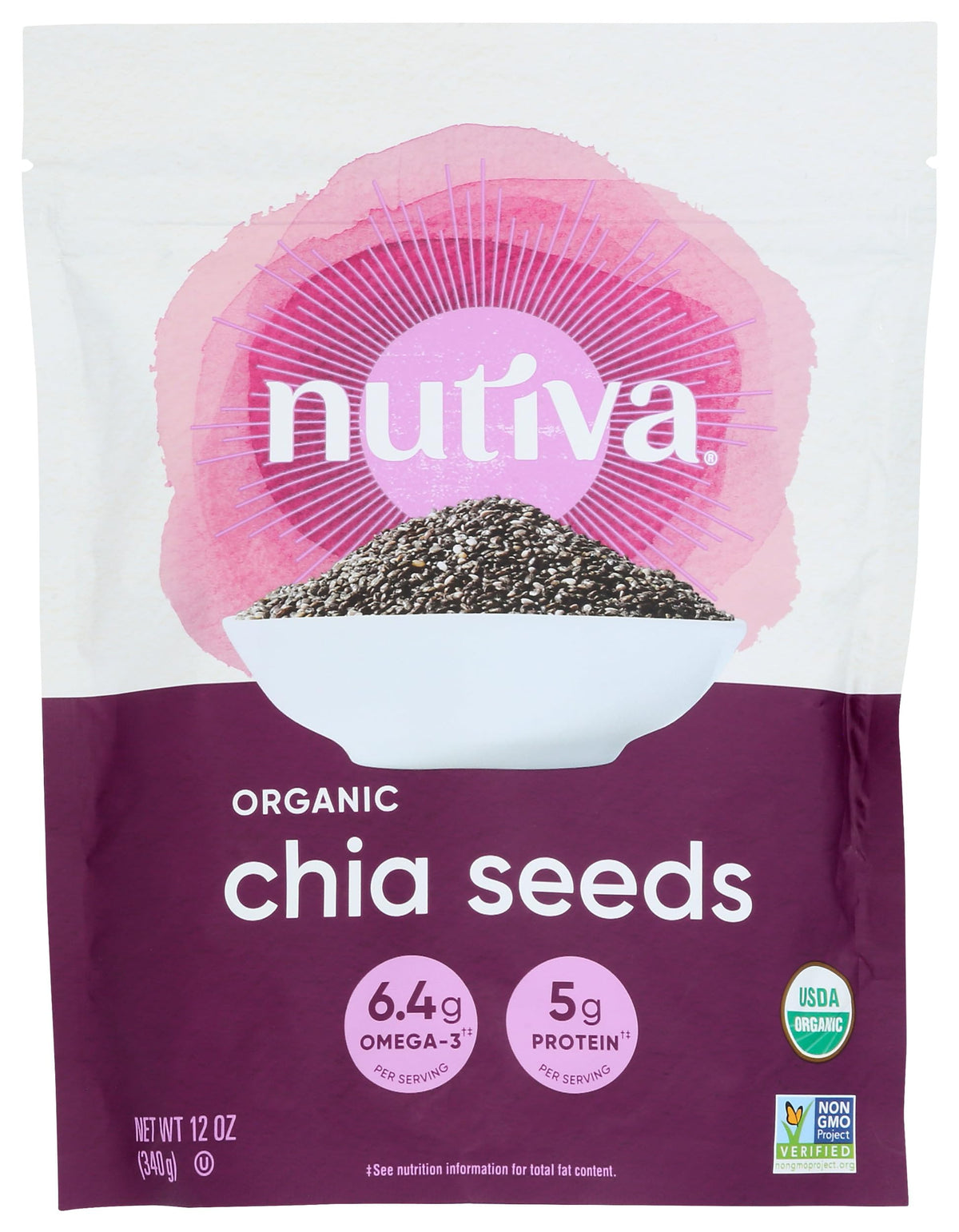 Nutiva black chia seeds packaging, 12 oz, resealable bag for easy daily use.