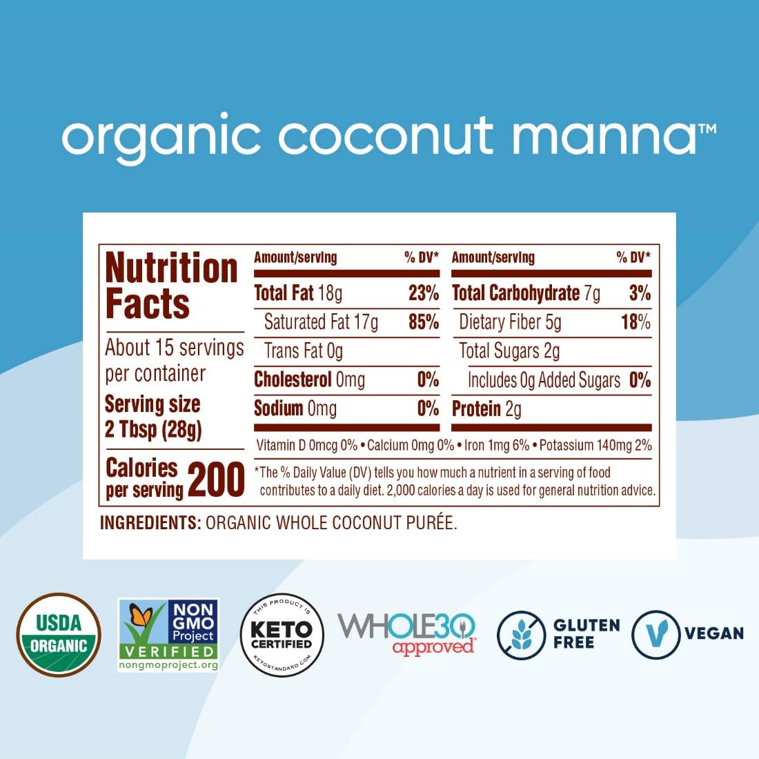 Nutiva Coconut Manna jar label closeup highlights organic non-GMO credentials